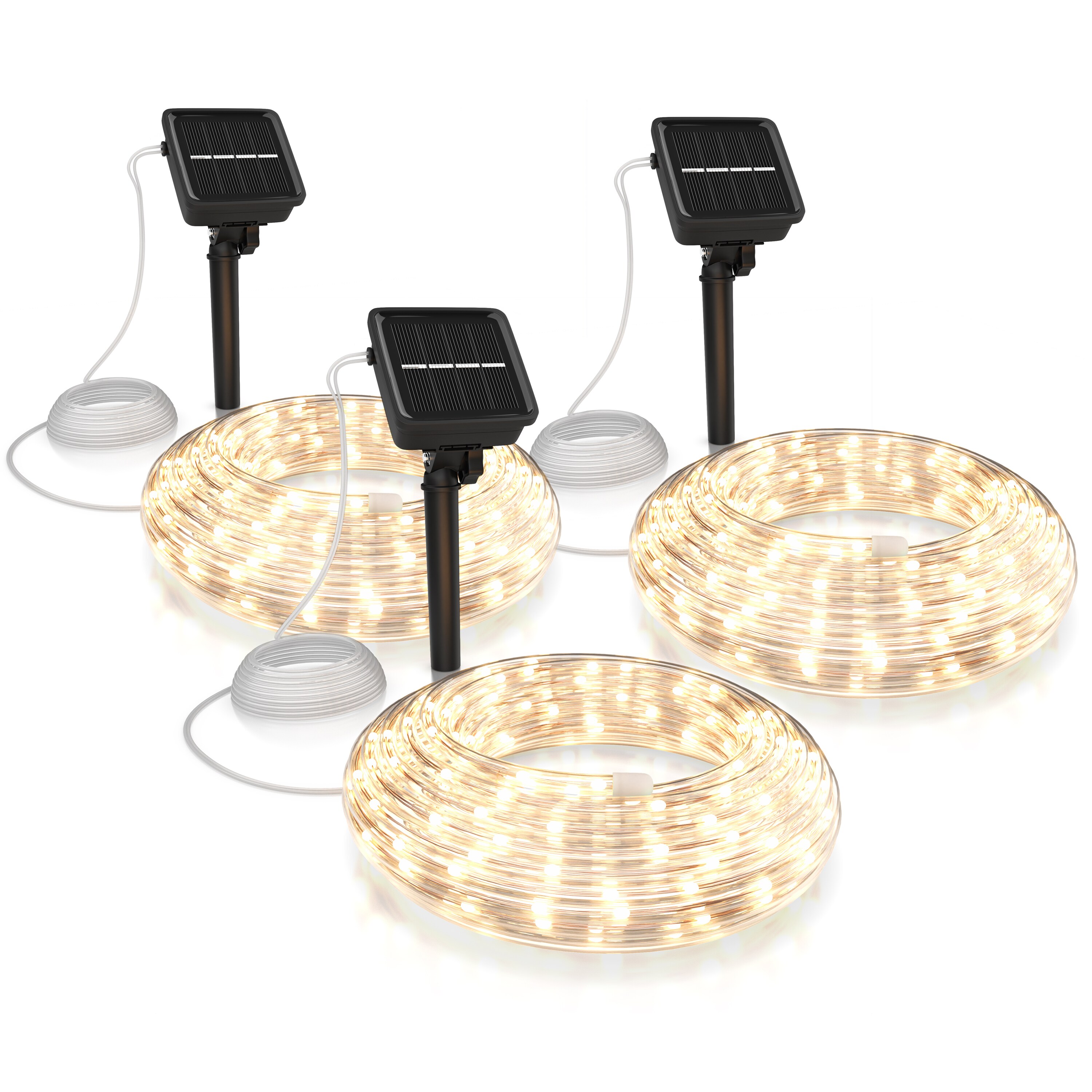 BEARWARE 3x LED-Lichterkette, Solar 10m warmwei&szlig;, Innen & Au&szlig;en, Solarpanel mit Akku, 100 Leds, IP44 