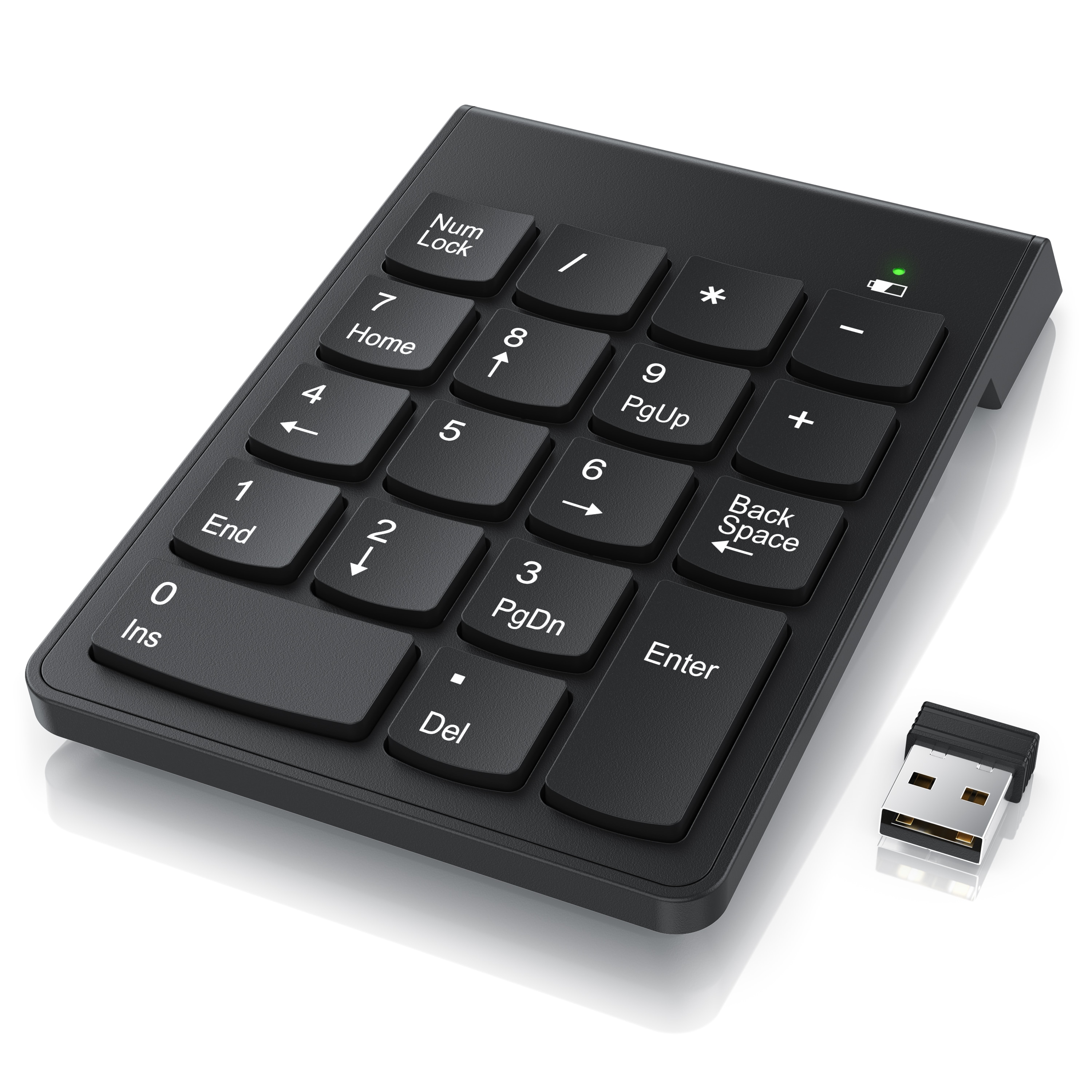 CSL kabelloser Nummernblock mit 2,4 GHz, Numpad mit 18 Tasten und 10 Zusatzfunktionen, USB-Empf&auml;nger, f&uuml;r Laptop und PC, schwarz 
