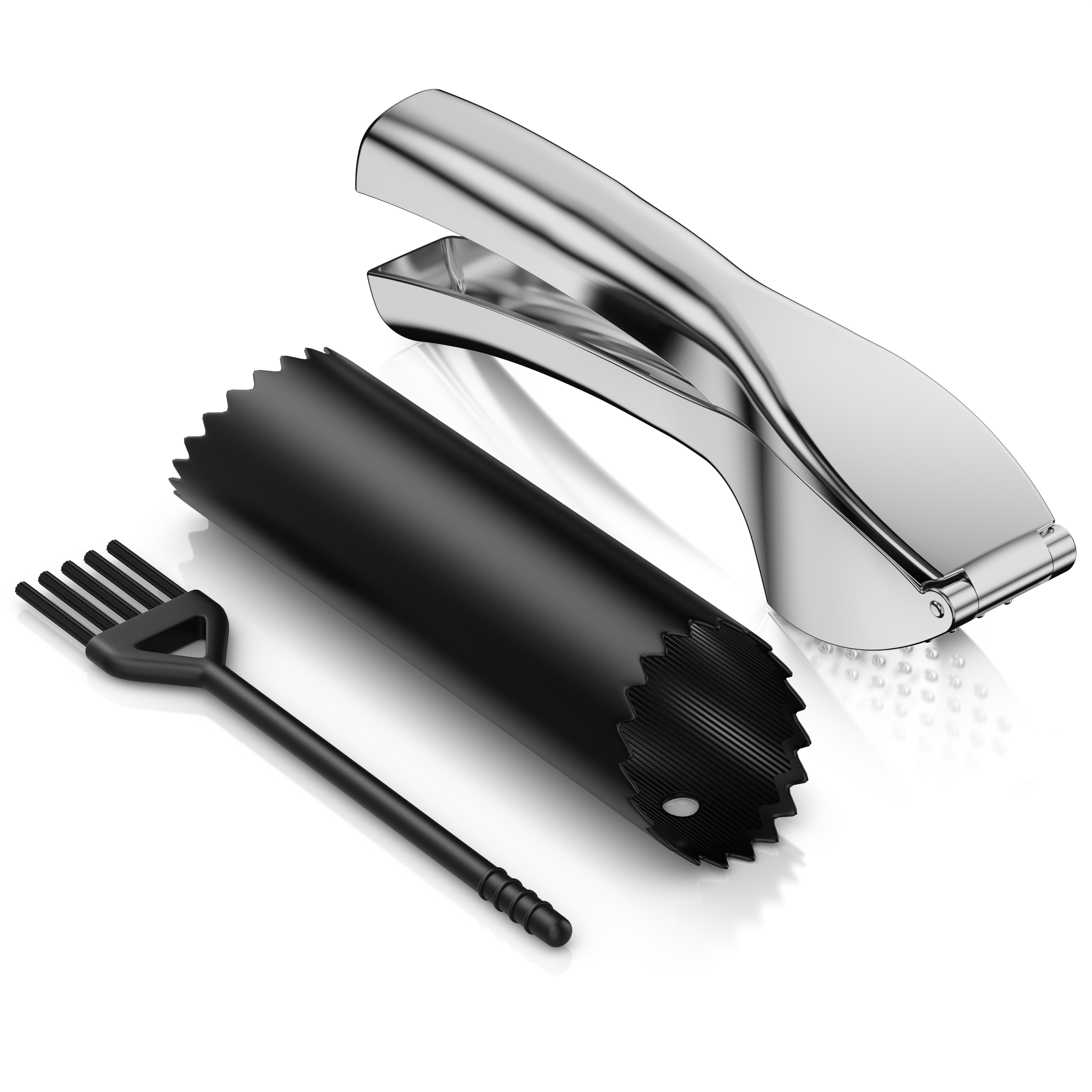 Arendo Knoblauchpresse f&uuml;r Knoblauch und Ingwer, aus Zinklegierung, mit Silikonsch&auml;ler und Reinigungsb&uuml;rste, 3-teiliges Set 