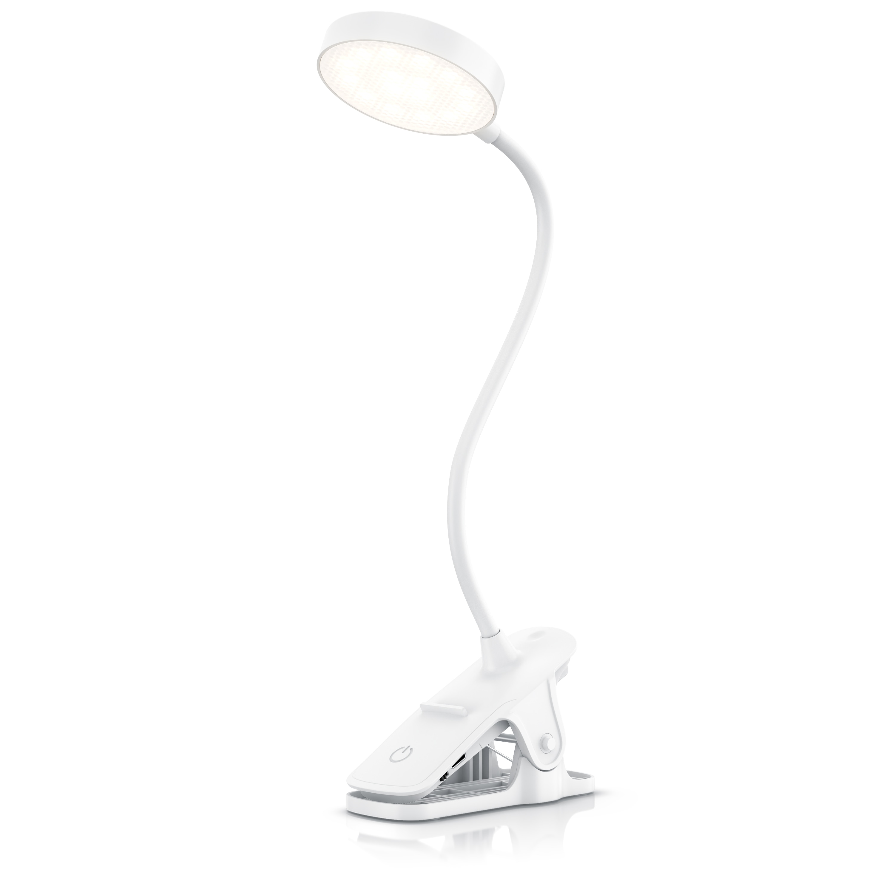 Bearware LED-Klemmlampe, Leselampe mit 2000-mAh-Akku, 3 Lichtfarben, stufenlos dimmbar, Touchbedienung und USB-C, wei&szlig; 