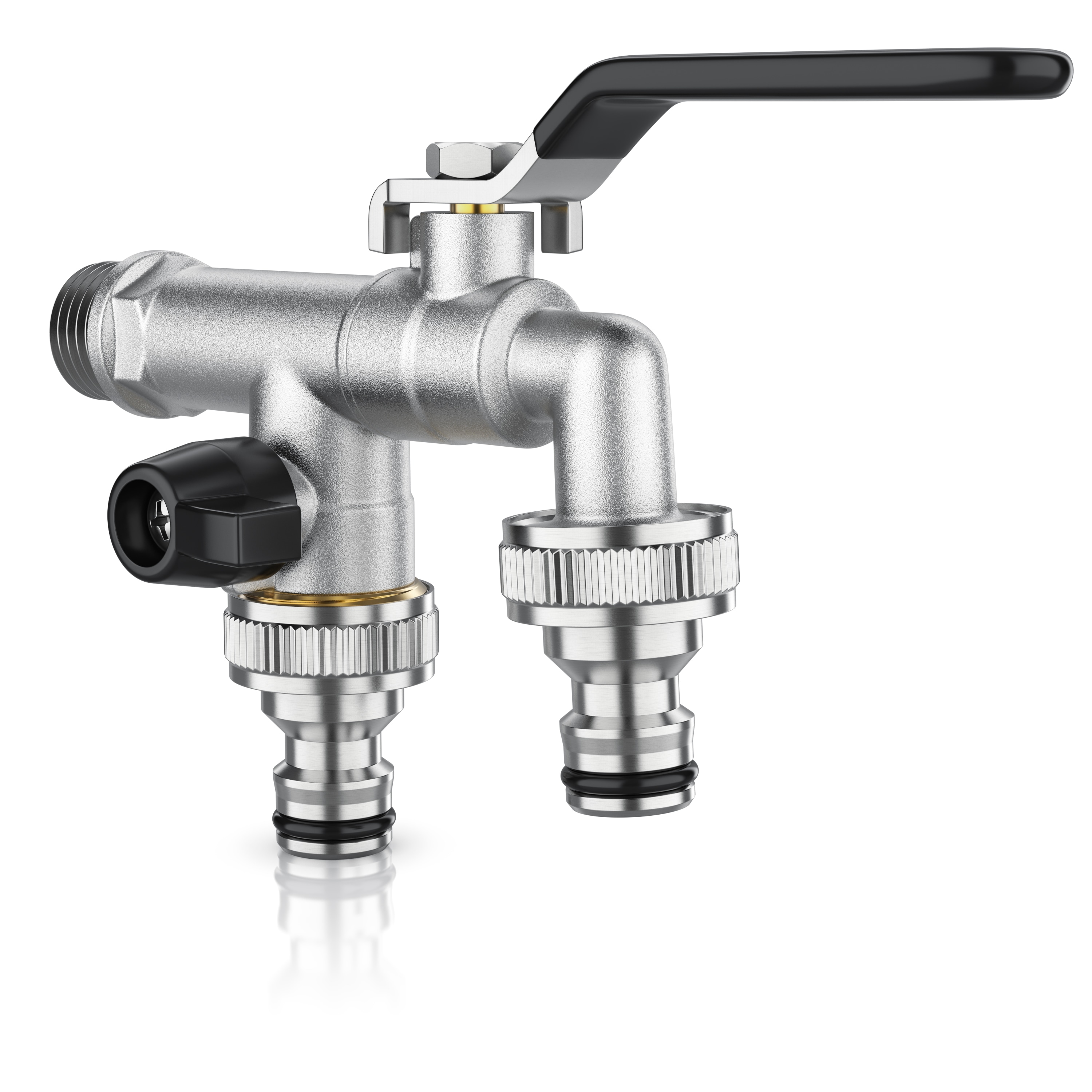 Brandson Garten-Wasserhahn aus vernickeltem Messing, 2 separat regulierbare Ausg&auml;nge, 1/2 und 3/4 Zoll, mit Schnellkupplungen und Dichtband 