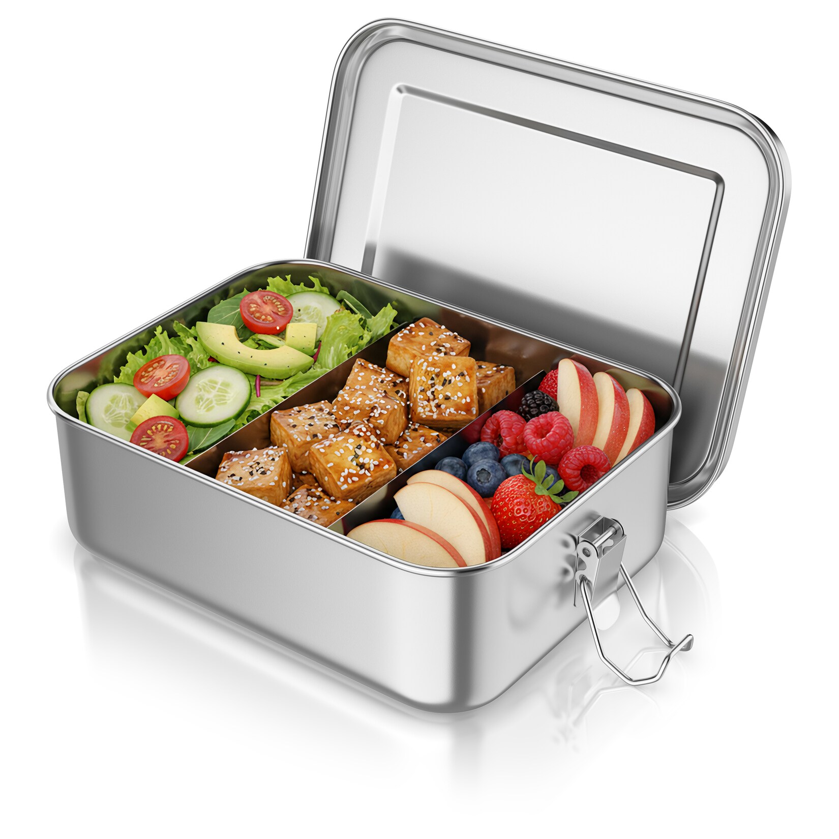 Arendo Lunchbox Edelstahl Brotdose 1200 ml mit Fächern, für Kinder und Erwachsene, Edelstahl, (1-tlg., 2 Trennstege, 2 Silikondichtungen)