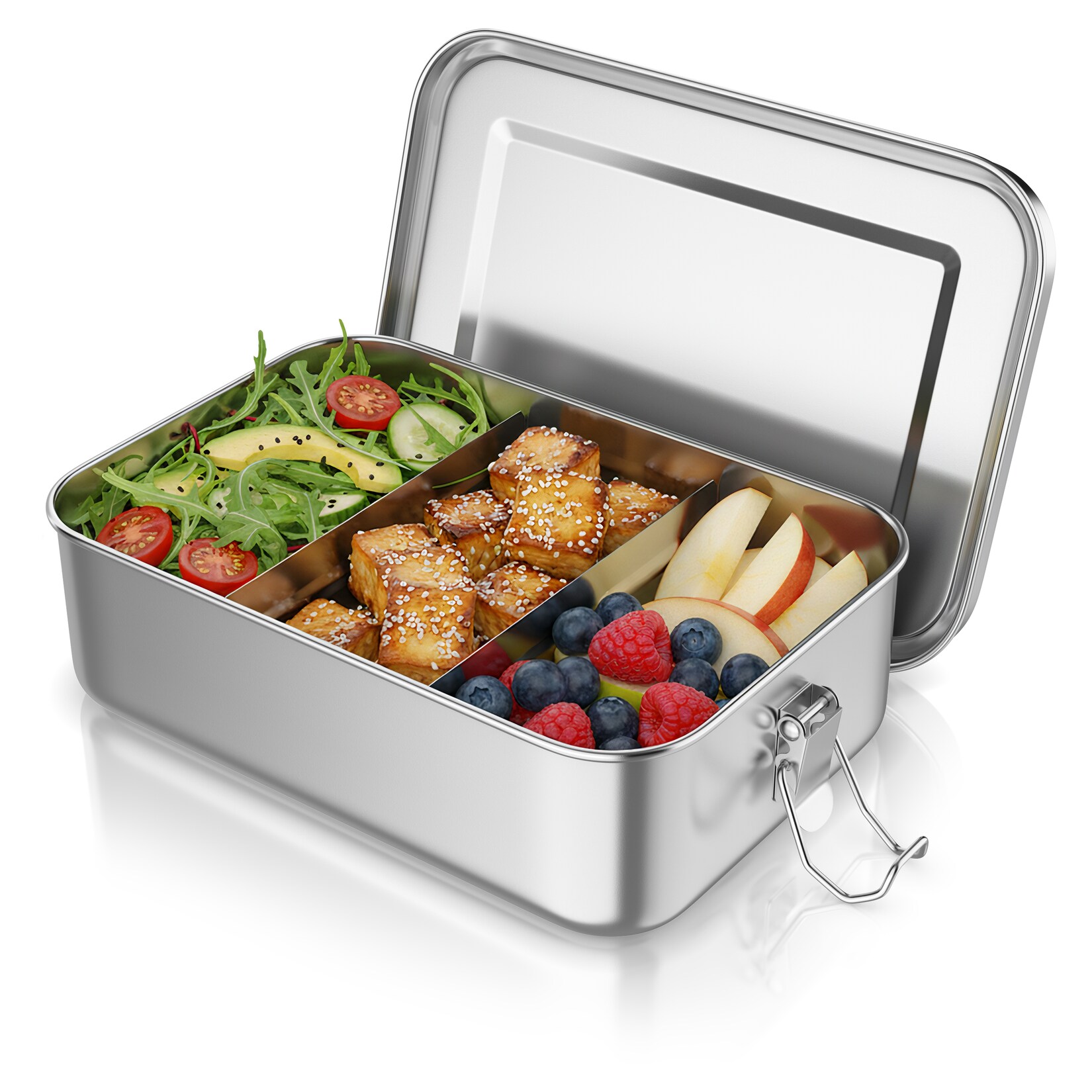 Arendo Lunchbox Edelstahl Brotdose 1400 ml mit Fächern, für Kinder und Erwachsene, Edelstahl, (1-tlg., 2 Trennstege, 2 Silikondichtungen)