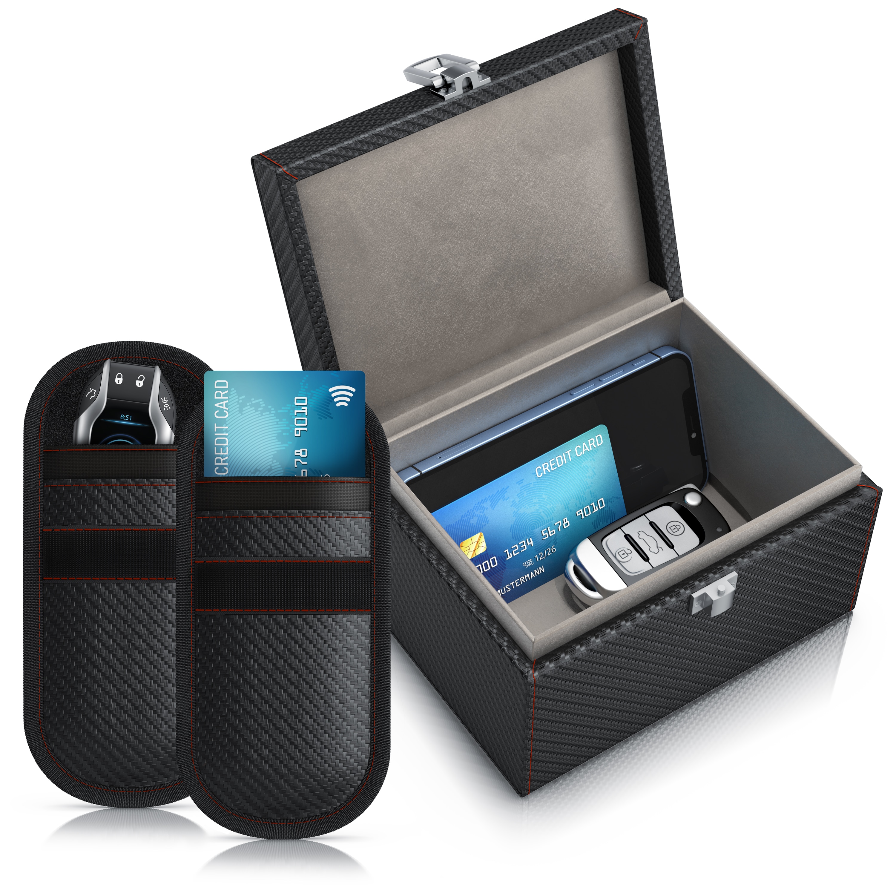 Aplic Schl&uuml;sseltasche NFC / RFID Schutzbox, Keyless Go Schutz Box, Autoschl&uuml;ssel Abschirmung (3-tlg), inkl. 2 x Schl&uuml;sselstaschen, SafeBox, Kartentresor, Signal Blocking 