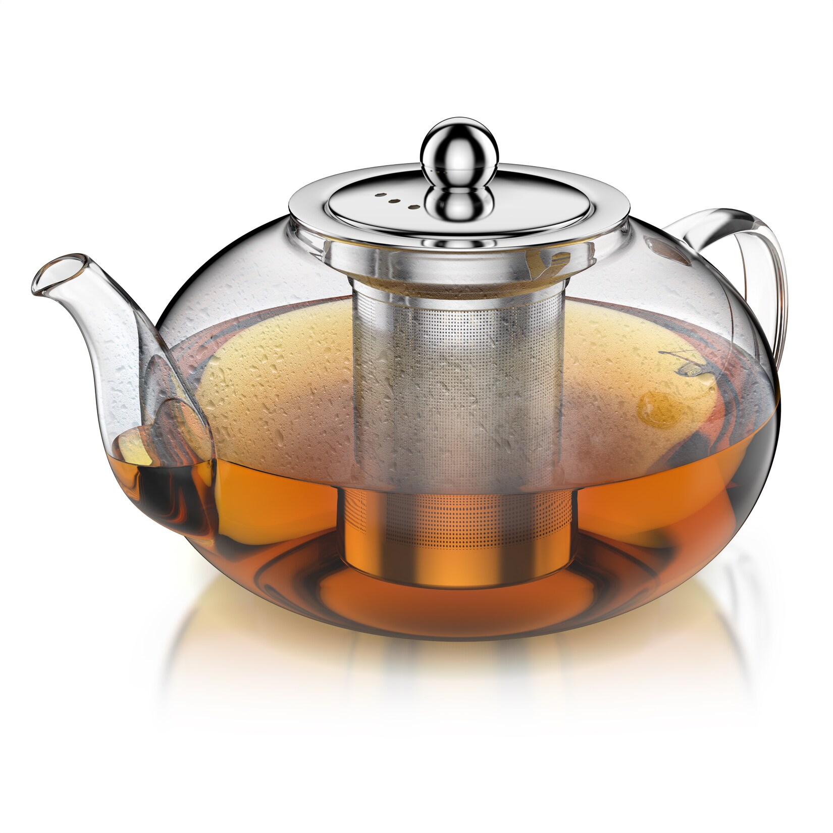Arendo runde Teekanne aus Borosilikatglas, 1,2 l, herausnehmbares Edelstahlsieb und Edelstahldeckel für losen Tee und Kräutertee