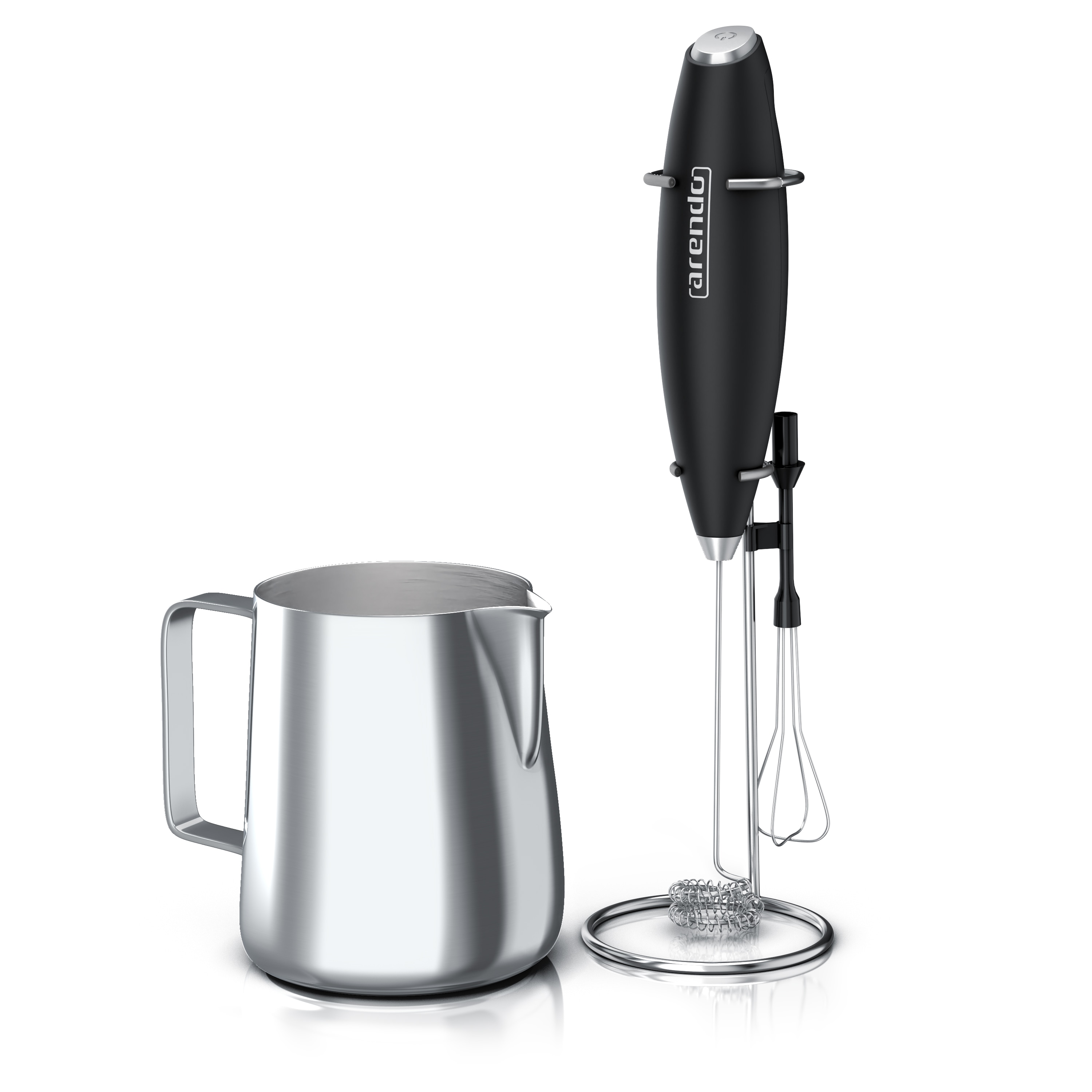 Arendo Milchk&auml;nnchen mit Stab Milchaufsch&auml;umer elektrisch Handmilchaufsch&auml;umer + Milchkanne 0,35 l, Edelstahl, 350ml mit Messskala 