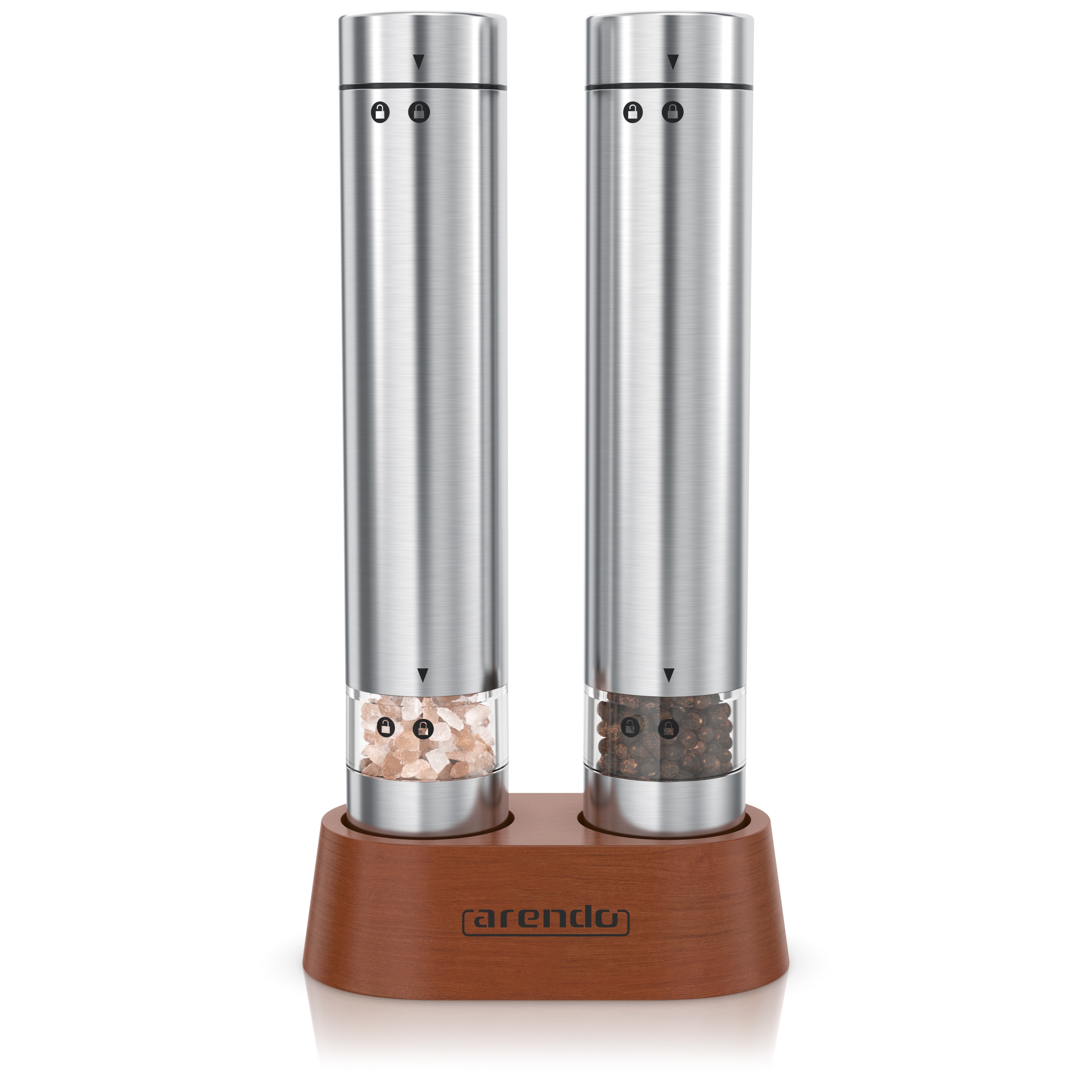 Arendo Salz-/Pfefferm&uuml;hle Elektrische Salzm&uuml;hle & Pfefferm&uuml;hle, stufenlos einstellbar Batterie, (2 St&uuml;ck), Edelstahl, Keramikmahlwerk, 2er Set 