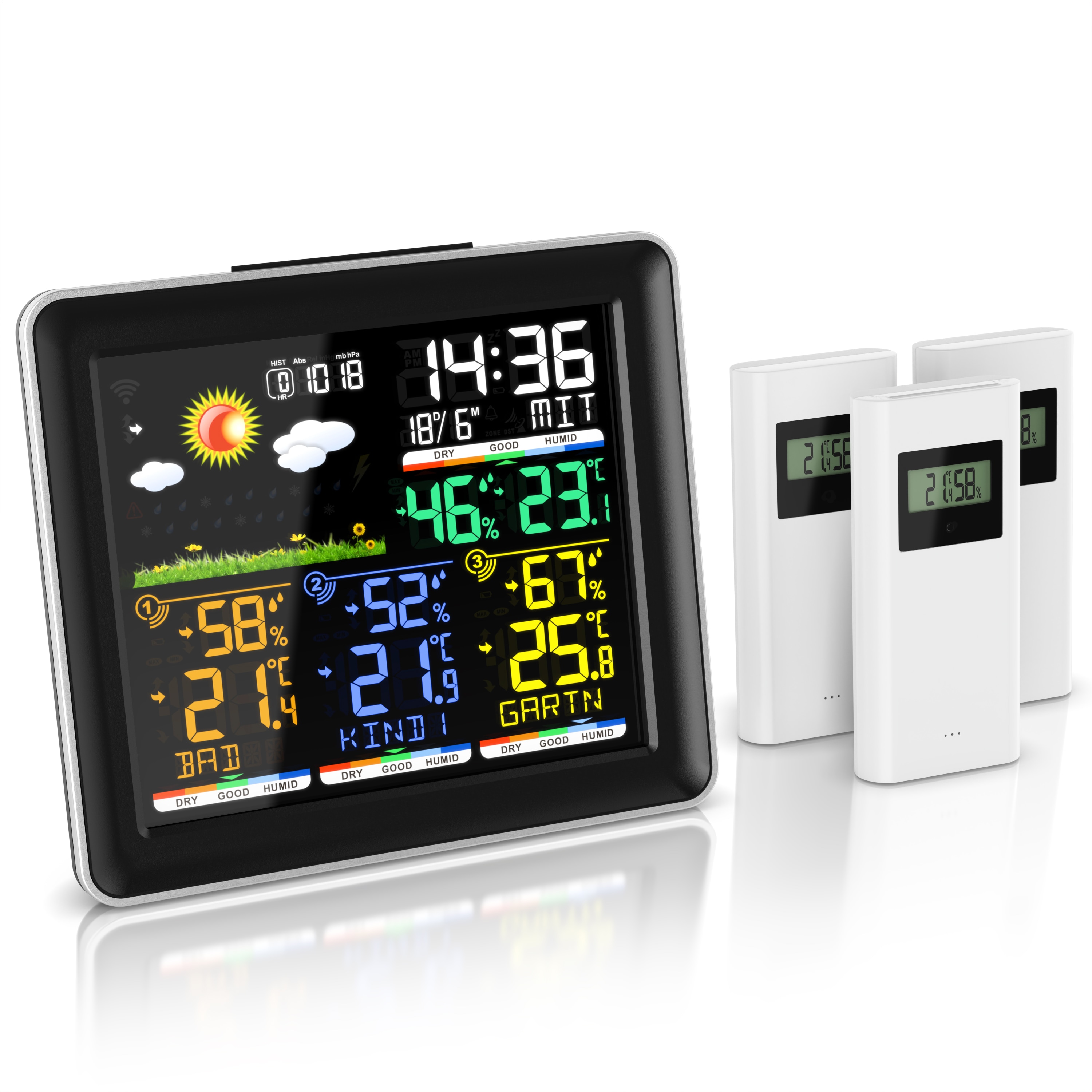 BEARWARE Funk, mit Farbdisplay, Wireless Funksensor/Au&szlig;ensensor, DCF Funkuhr Wetterstation (mit Au&szlig;ensensor, Luftdruck, Wettervorhersage, Barometer, Wecker, Alarm, Snooze) 