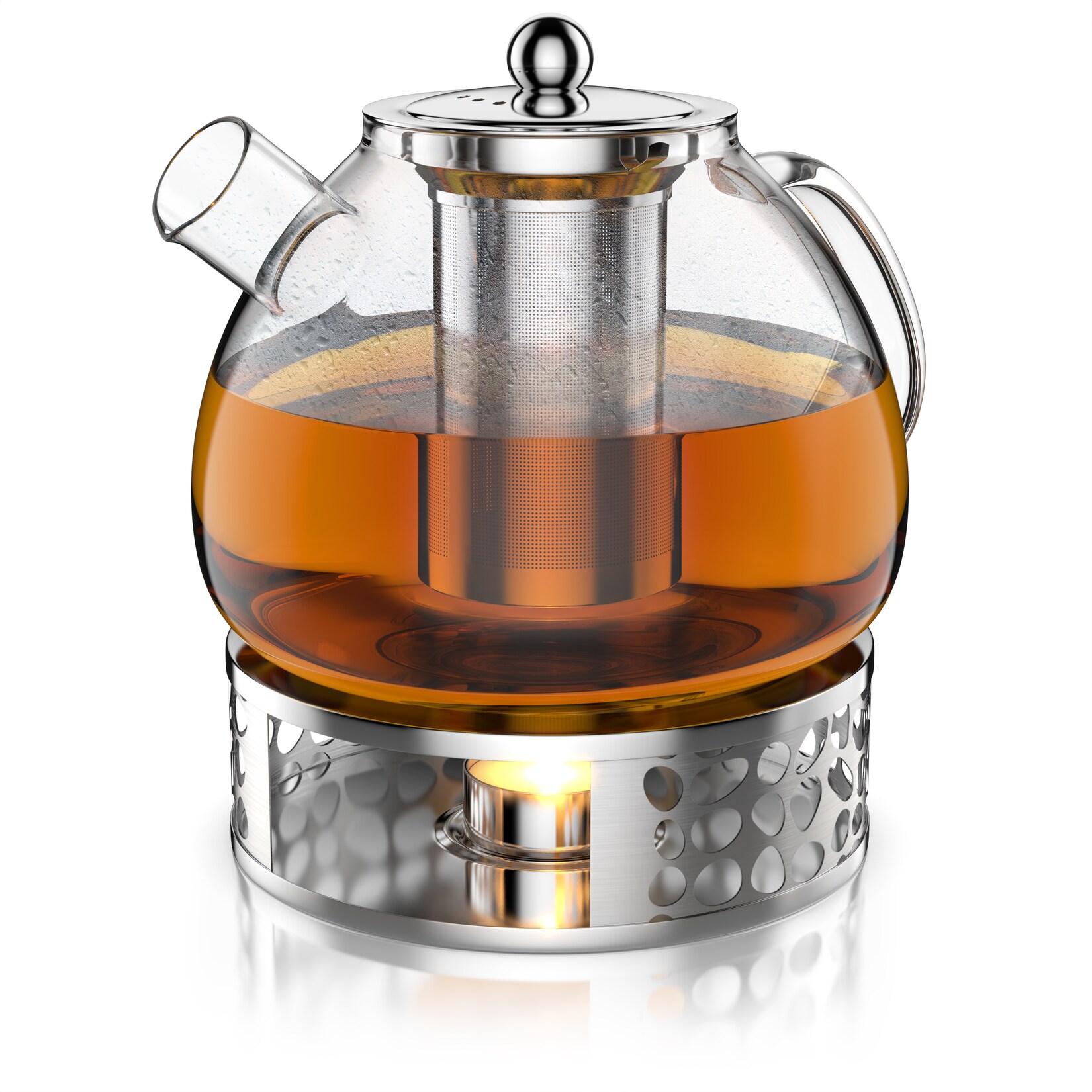 Arendo Teekanne aus Borosilikatglas, 1,5 l, herausnehmbares Edelstahlsieb und Edelstahl-Stövchen, für losen Tee und Kaltaufgüsse