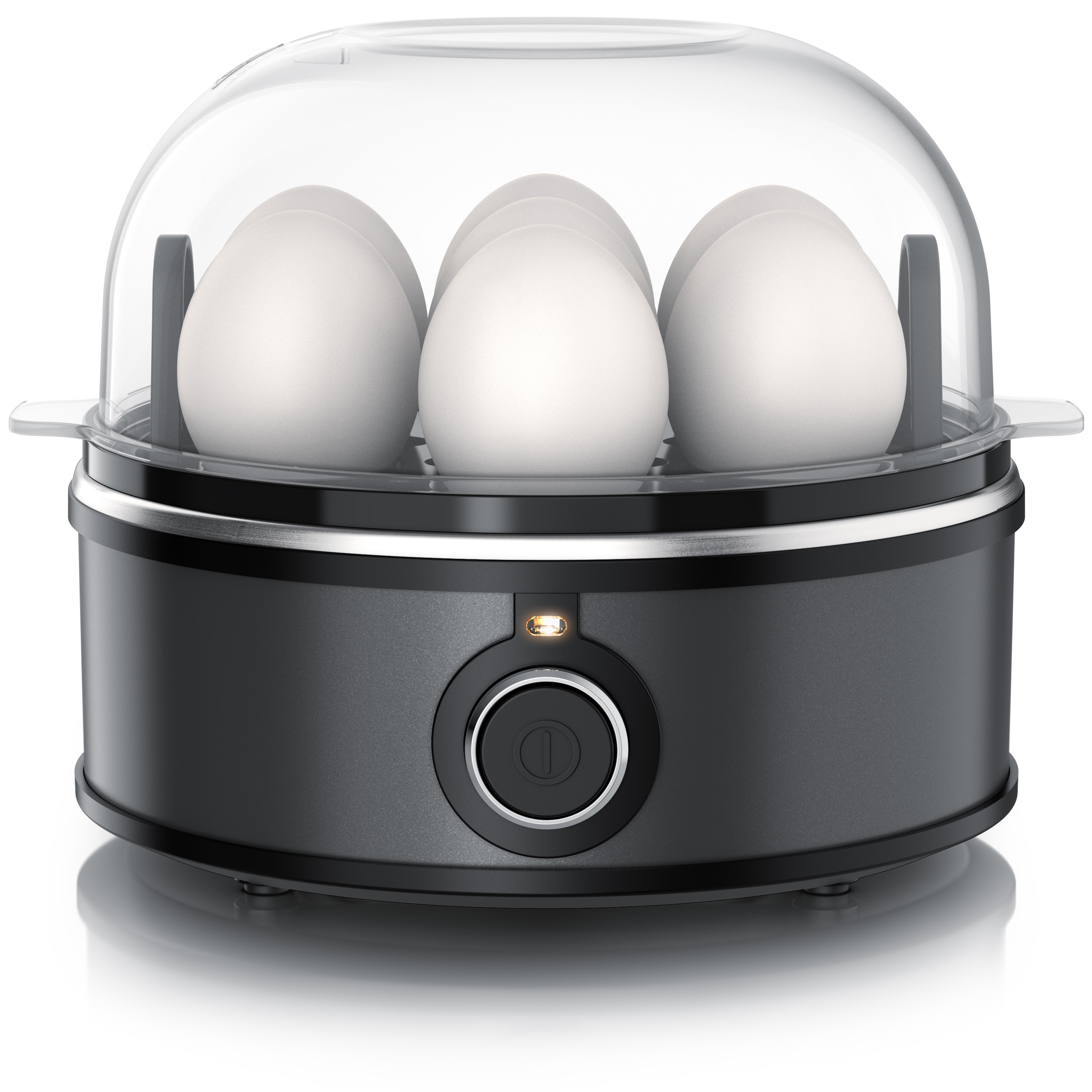 Arendo Eierkocher f&uuml;r bis zu 7 Eier, 350 W, 3 H&auml;rtegrade, Eins&auml;tze f&uuml;r pochierte Eier und Omelett, Signalton, Cool Grey 