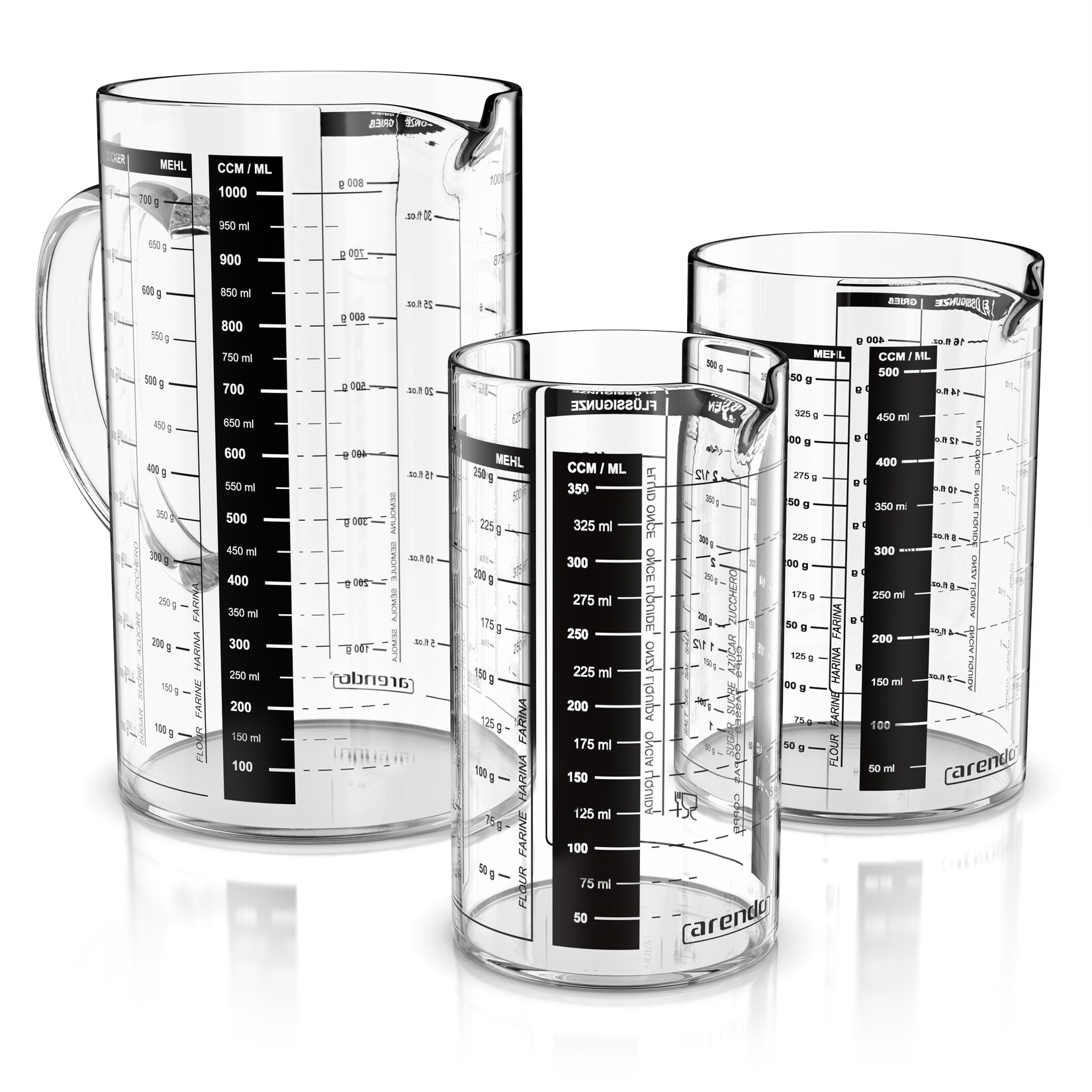 Arendo Messbecher-Set aus Borosilikatglas, 350 ml, 500 ml und 1000 ml, ineinander stapelbar, mit Messskala, 3-teilig