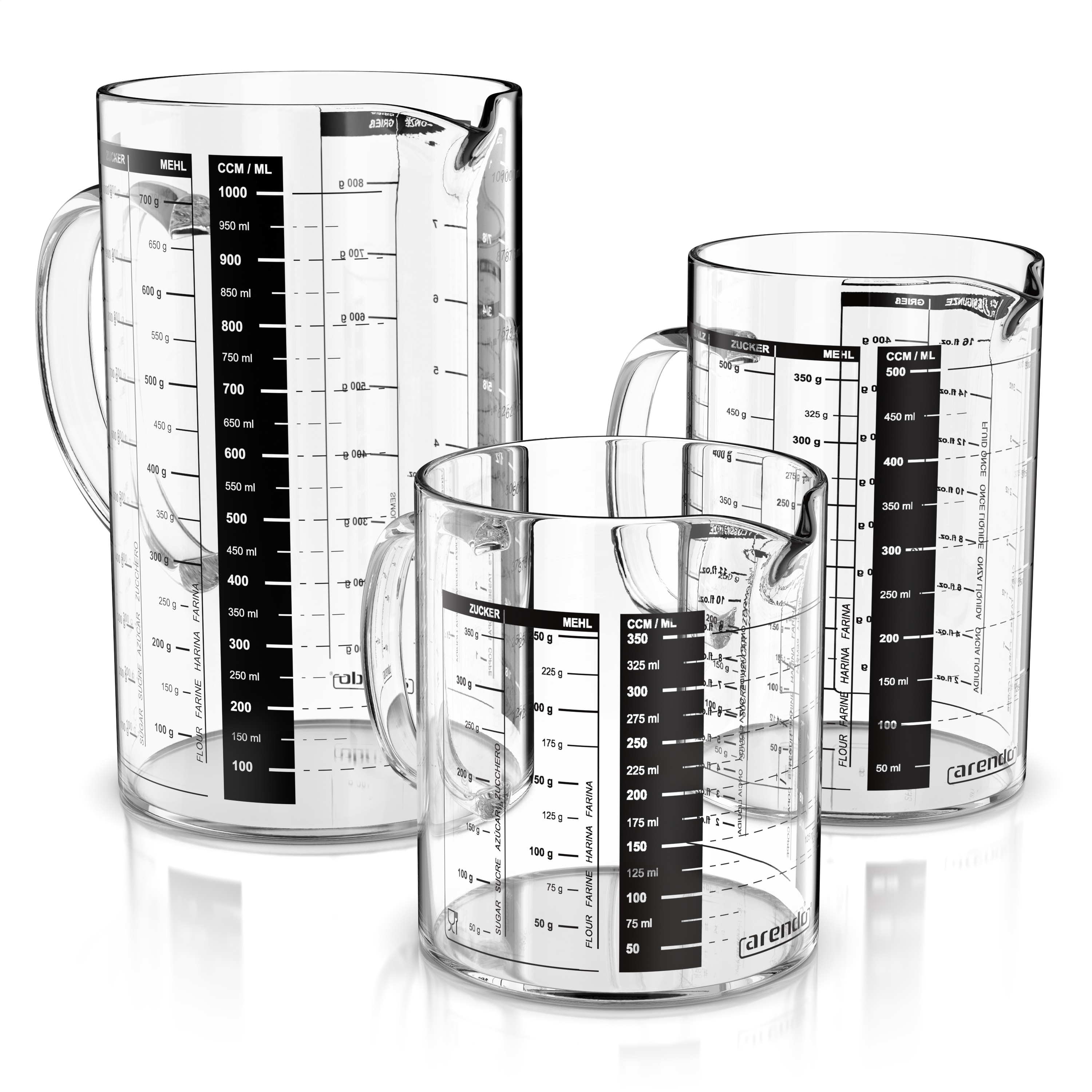 Arendo Messbecher 350ml, 500ml & 1000ml Glas Messkrug Set, Borosilikat, Ausguss & Henkel, Glas, (Set, 3-St., 3x R&uuml;hrbecher: 0,35 L / 0,5 L / 1 L) 