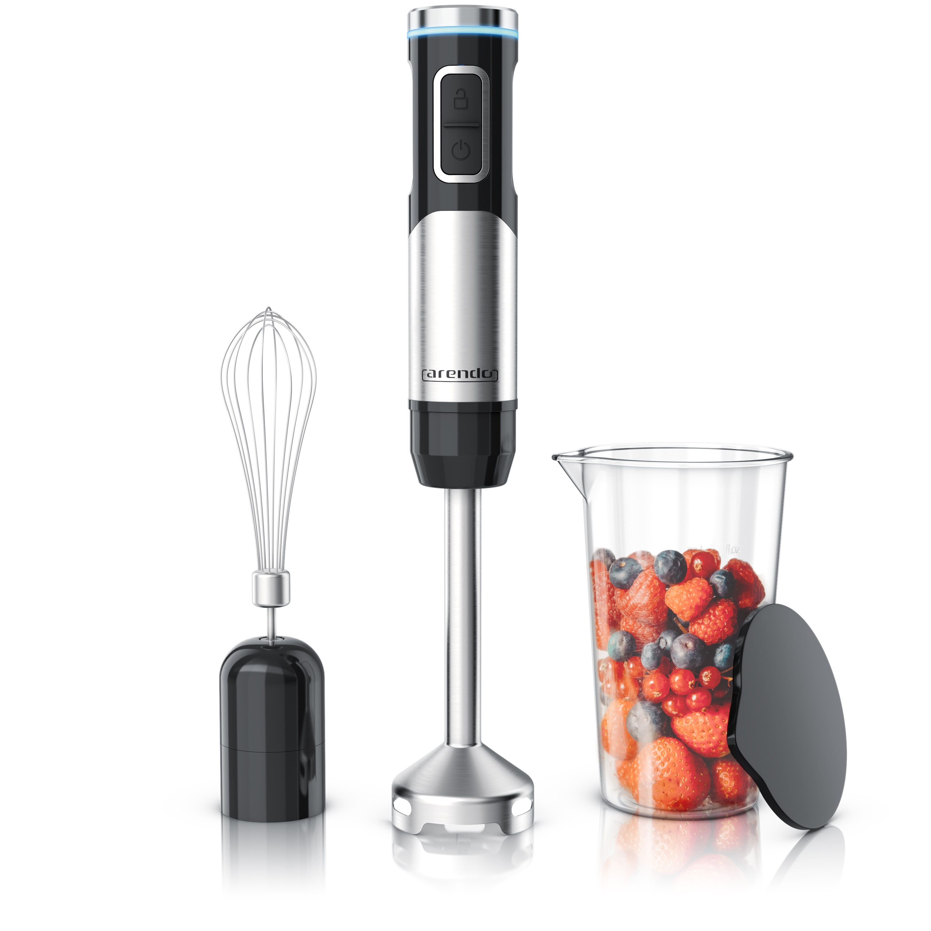 Arendo Akku-Stabmixer Edelstahl P&uuml;rierstab, Handmixer, stufenlose Regelung, Li-Ionen-Akku, 200 W, mit Schneebesen, Messbecher, 4-Klingen-Messer 