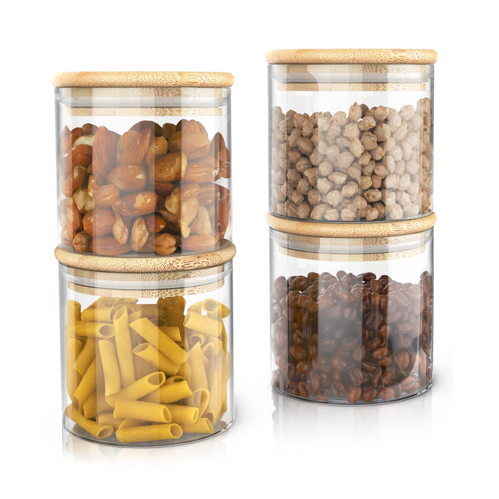 Arendo Vorratsgläser 4er-Set, je 0,75 l, rund, Borosilikatglas mit Bambusdeckel und Silikondichtung, luftdicht