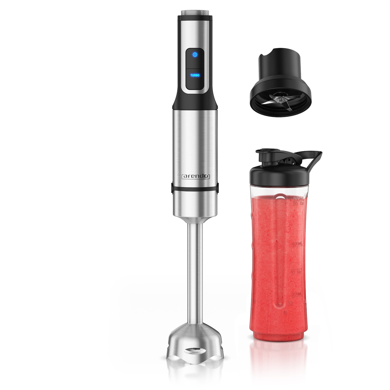 Arendo Stabmixer-Set mit 1500-W-DC-Motor, 12 Stufen, Turbotaste, abnehmbarem Edelstahl-Mixfuß und 600-ml-Trinkbecher