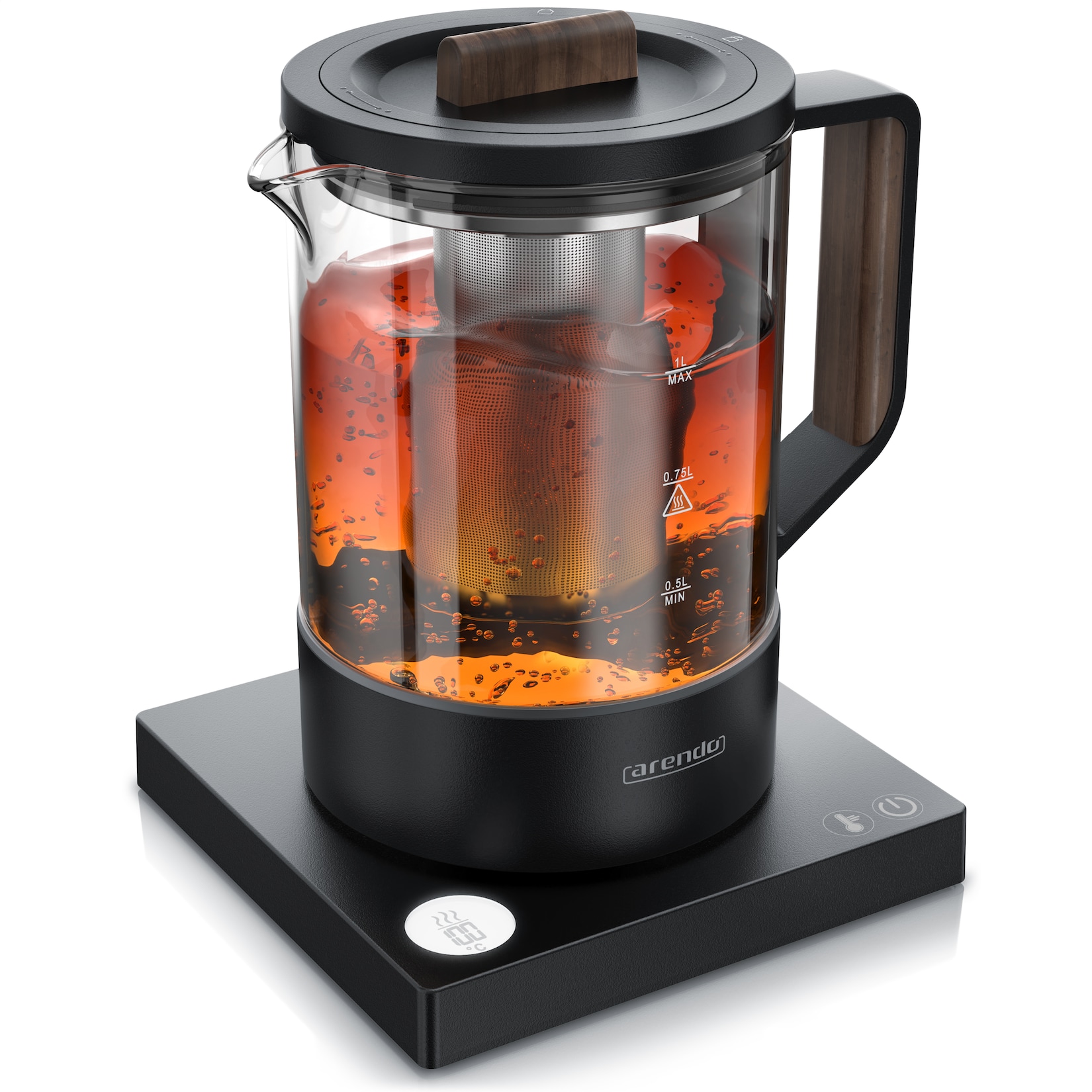 Arendo Glas-Wasserkocher 1 l, 800 W, herausnehmbares Edelstahl-Teesieb, Temperaturwahl 40 bis 100 °C und Temperaturanzeige
