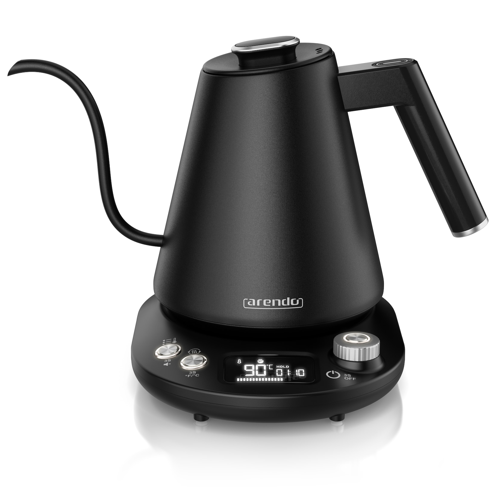 Arendo Edelstahl-Wasserkocher 1 l, 1100 W, Temperaturwahl 40 bis 100 °C, LED-Display und Warmhaltefunktion, schwarz matt