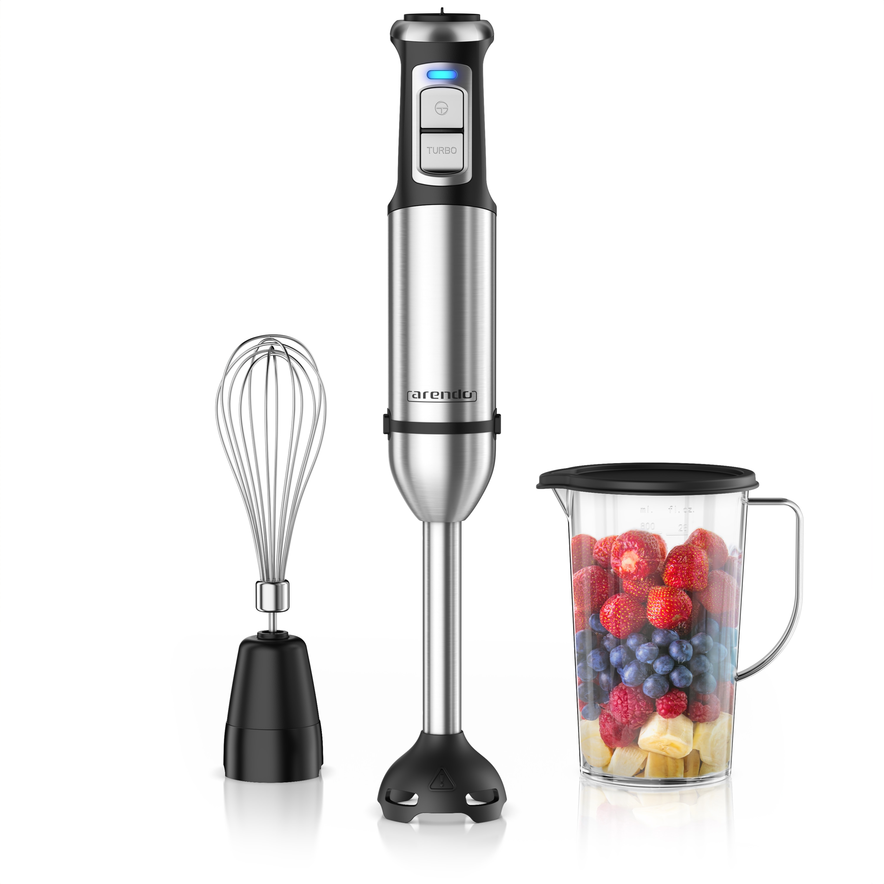 Arendo Stabmixer-Set mit 2000-W-DC-Motor, Edelstahl-Mixfu&szlig;, Turbotaste, Schneebesen und 800-ml-Messbecher mit Deckel 