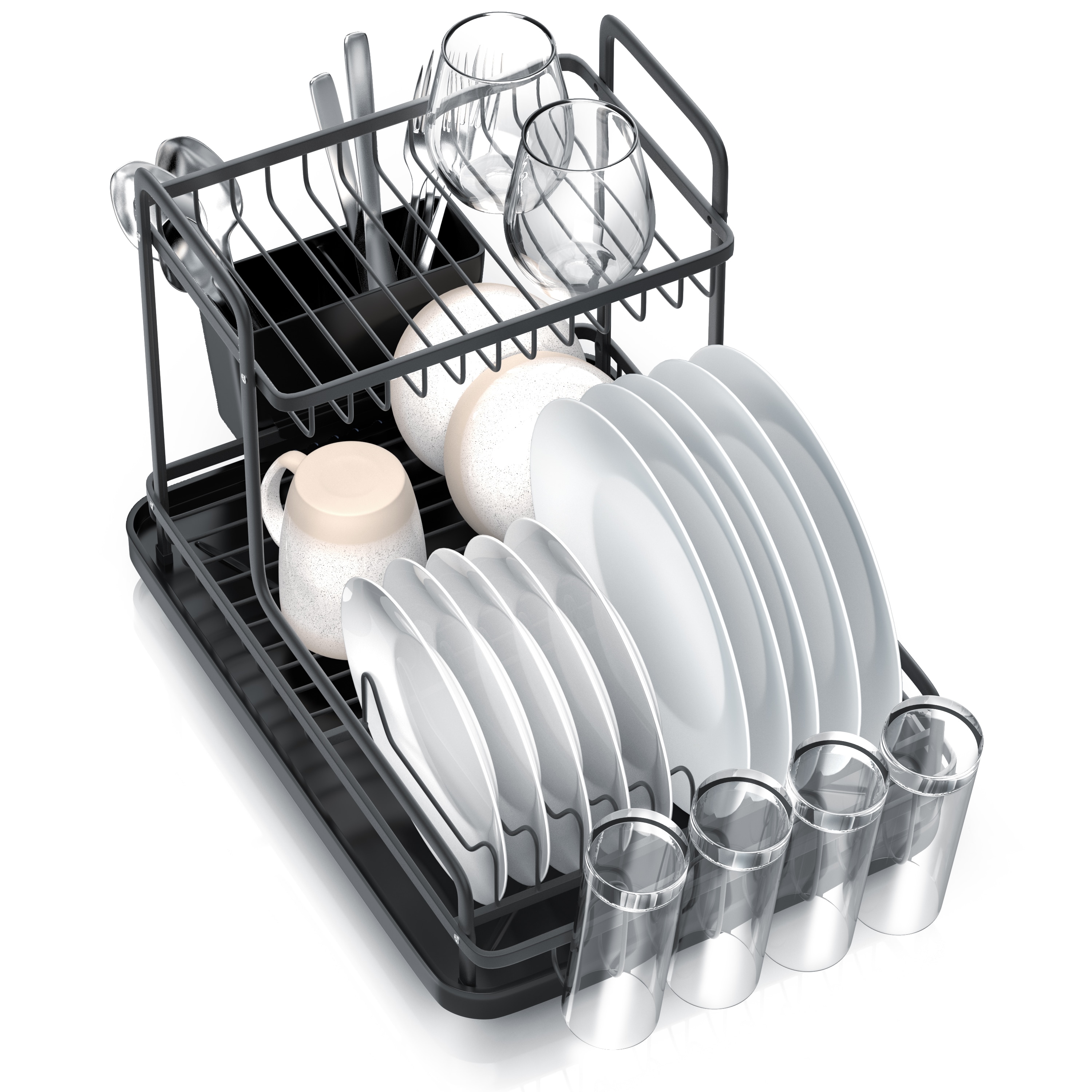 Arendo Geschirrst&auml;nder Abtropfgestell, Abtropfgitter, zweilagig, 2 Ebenen, 360&deg; Abfluss, Besteckhalter, 4x Glashalter, 10 Tellerhalter, platzsparend 