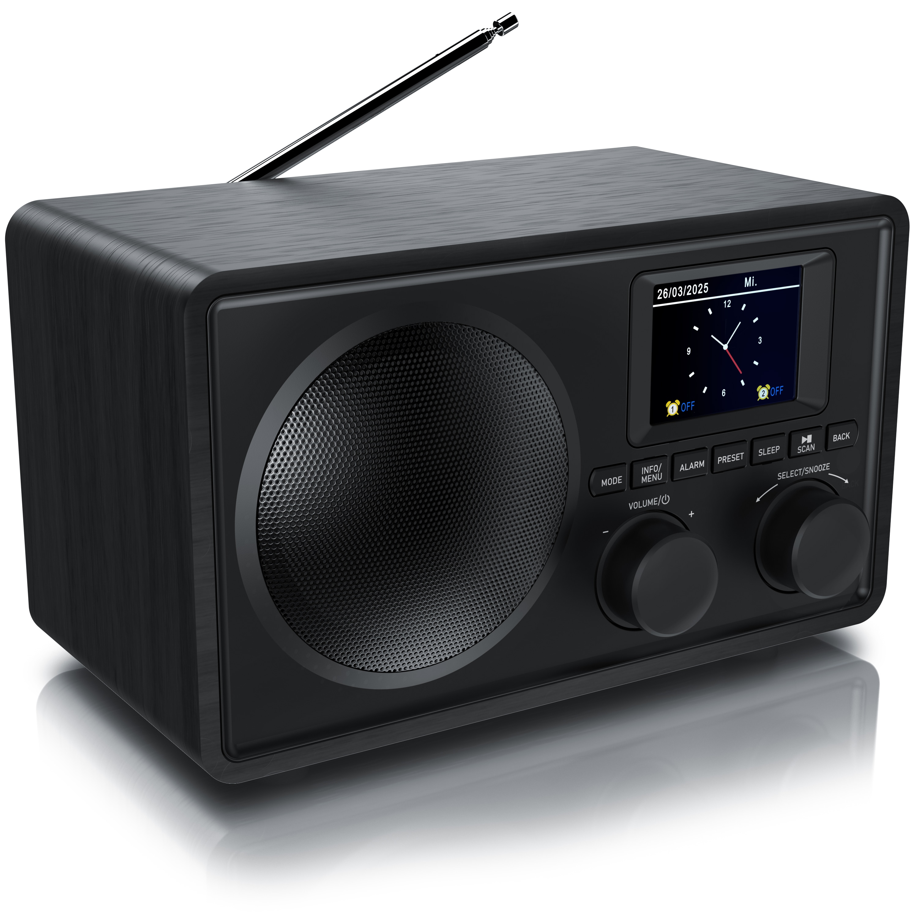 Bearware DAB+-Radiowecker mit TFT-Display, UKW/FM, Bluetooth, USB-Wiedergabe und AUX-IN, 2 Alarmzeiten, Snooze und Sleep-Timer 