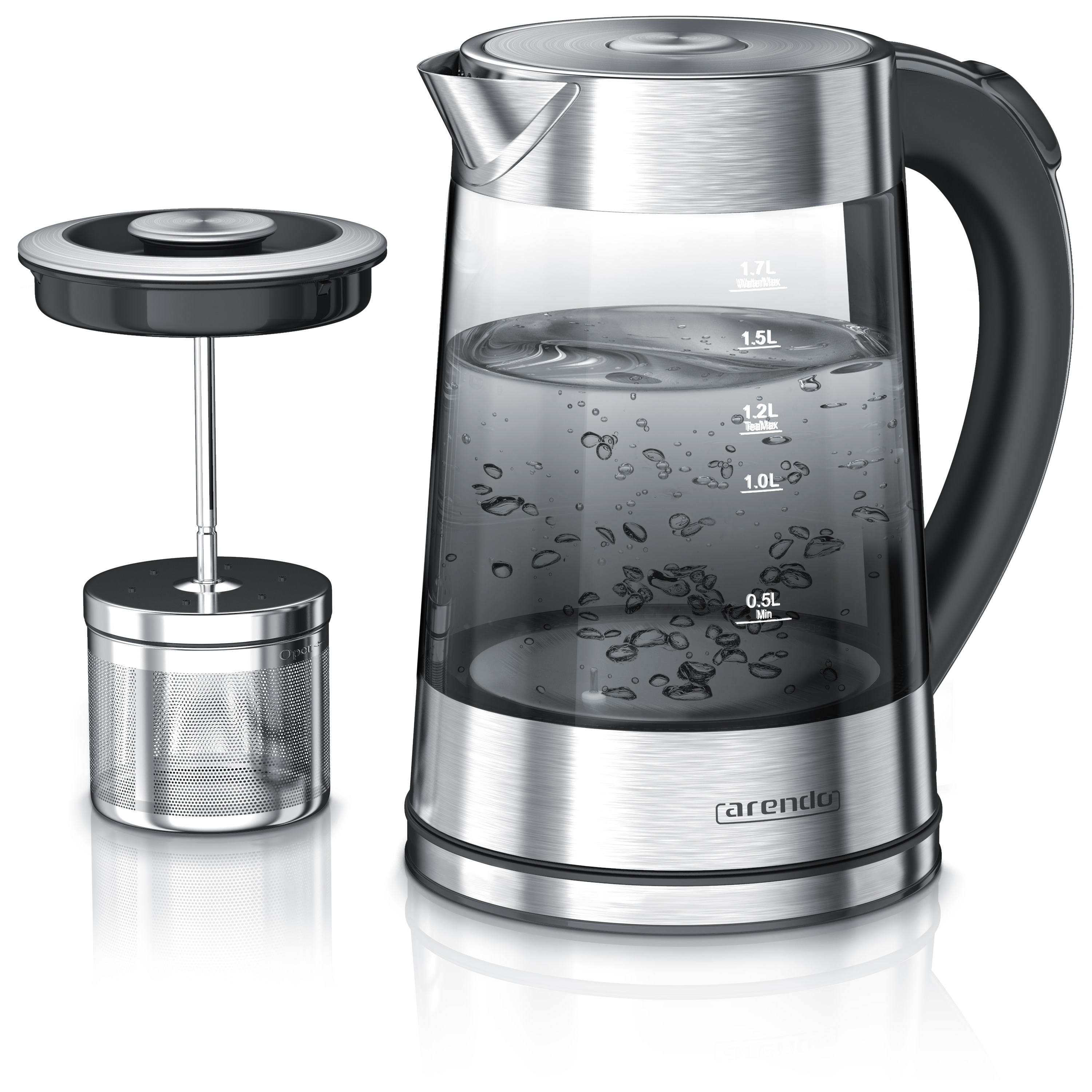Arendo Glas-Wasserkocher 1,7 l mit Edelstahl-Teesieb, 2200 W, 5 Temperaturstufen von 40 bis 100 &deg;C, LED-Licht und Warmhaltefunktion 