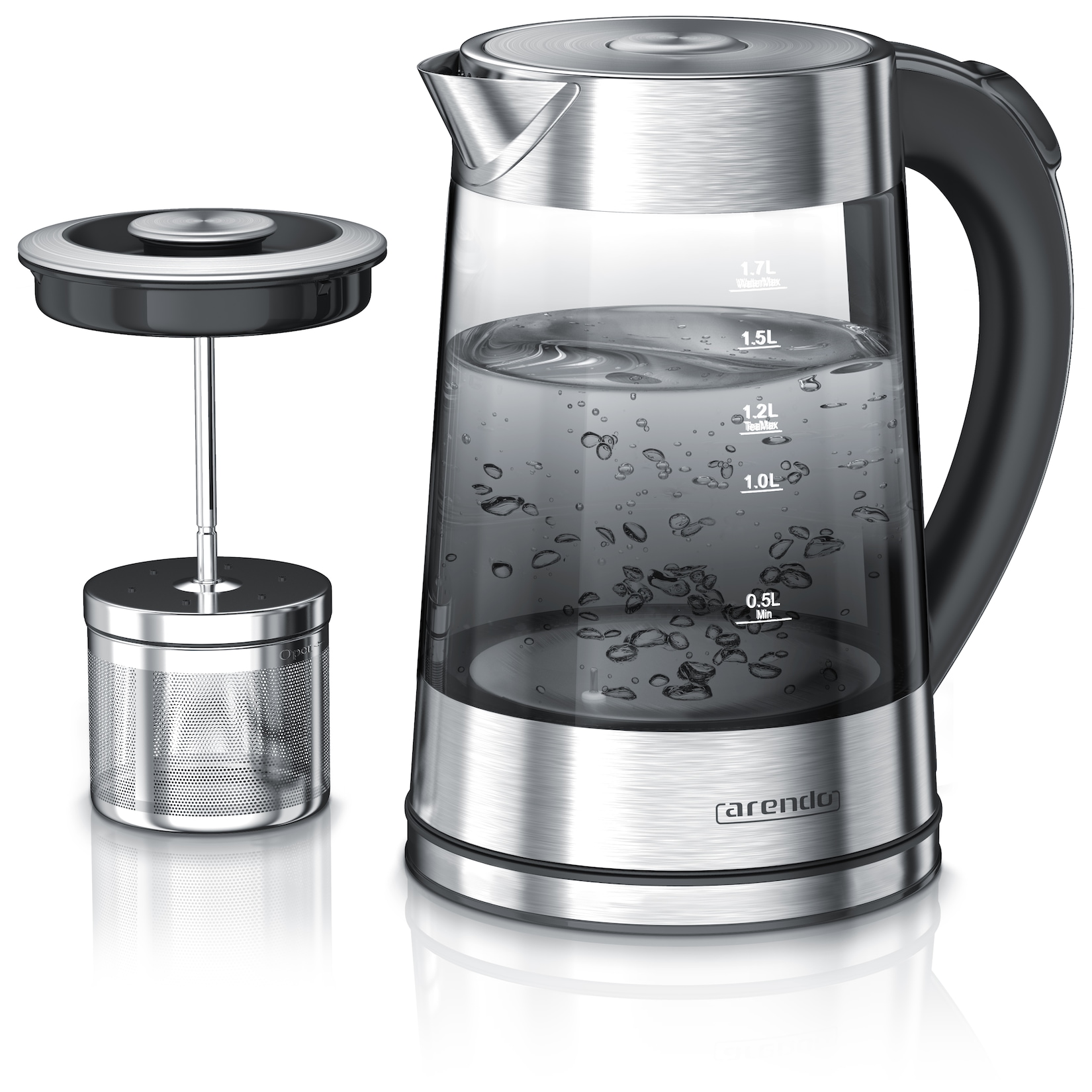Arendo Glas-Wasserkocher 1,7 l mit Edelstahl-Teesieb, 2200 W, 5 Temperaturstufen von 40 bis 100 °C, LED-Licht und Warmhaltefunktion