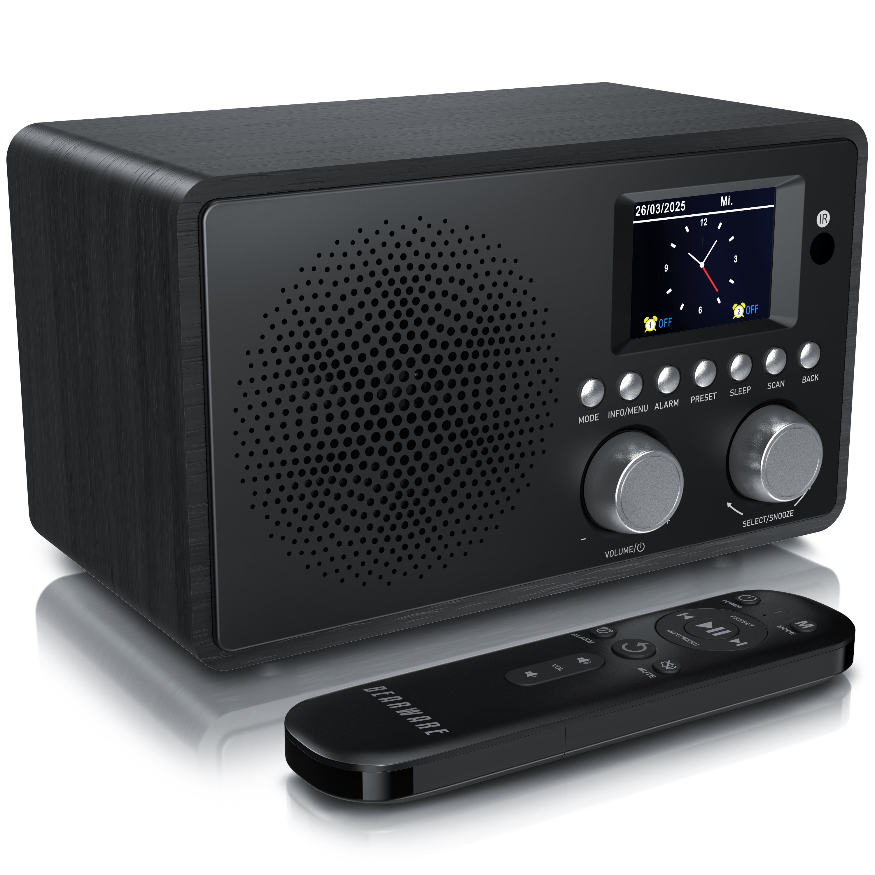 Bearware DAB+-Radiowecker mit TFT-Display, UKW/FM, Bluetooth, USB-Wiedergabe, AUX-IN, Fernbedienung, Snooze und Sleep-Timer 