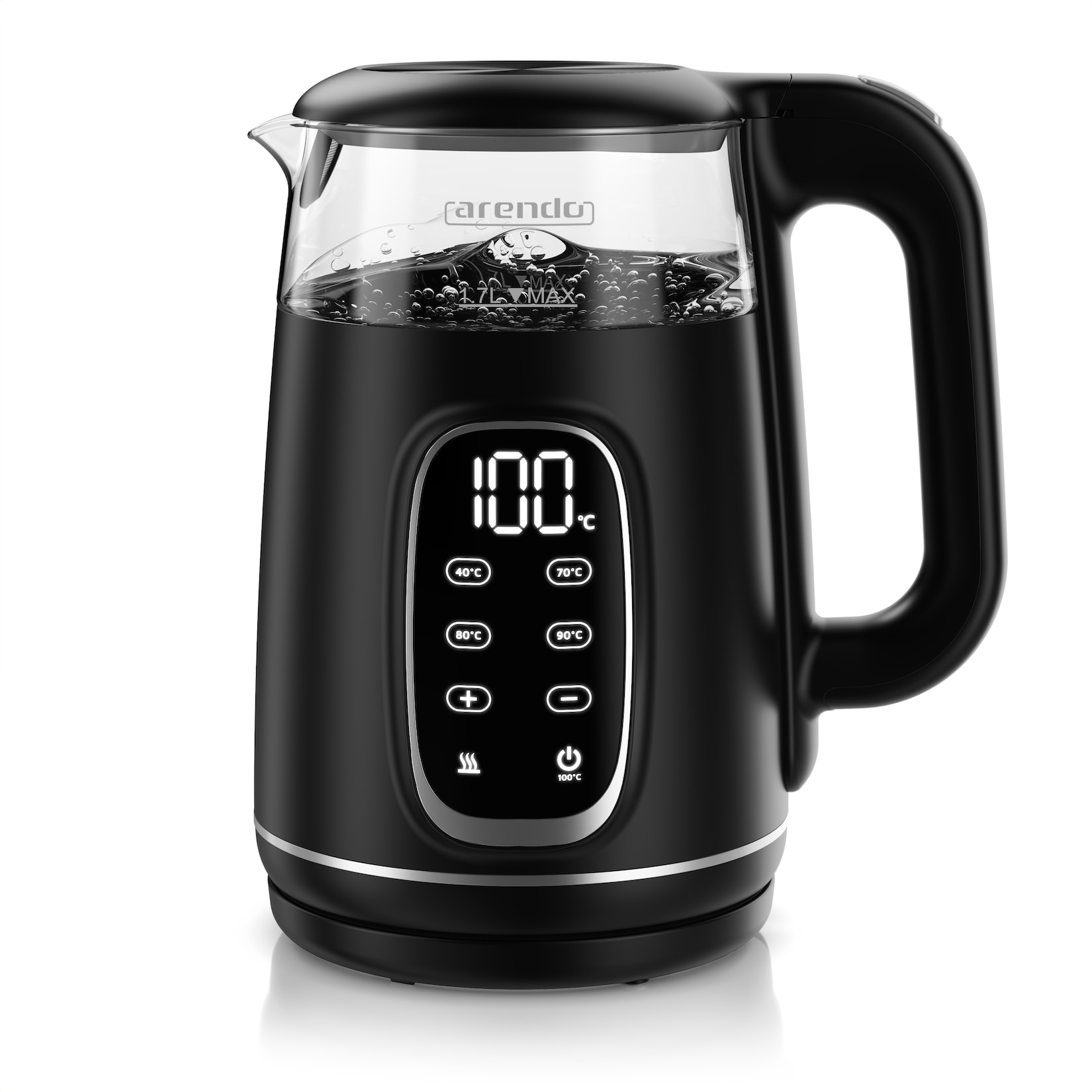 Arendo Glas-Edelstahl-Wasserkocher 1,7 l, 2200 W, Temperaturwahl 40 bis 100 °C, LED-Display, Doppelwand und Warmhaltefunktion