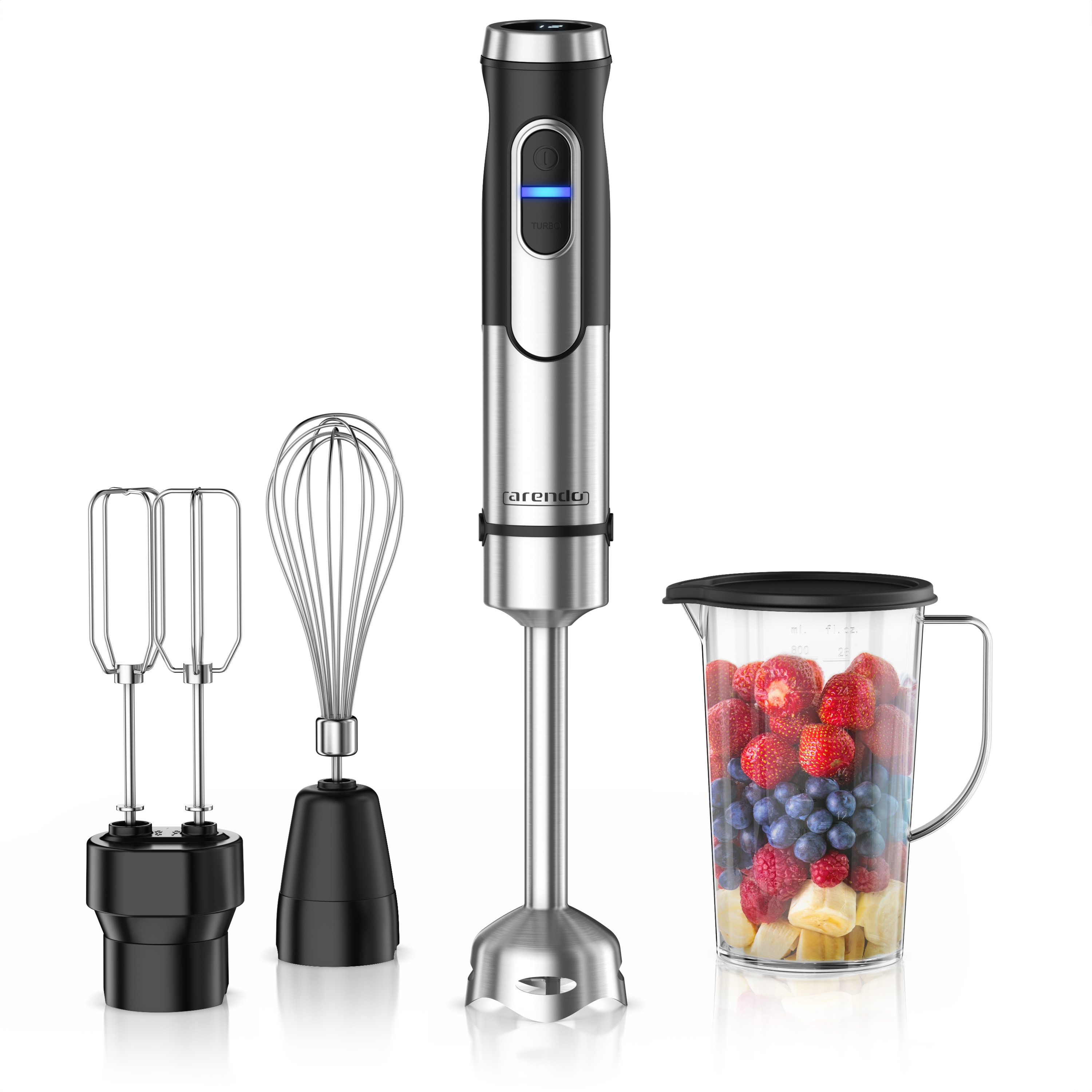 Arendo Stabmixer-Set mit 1500-W-DC-Motor, 12 Stufen, Turbotaste, Schneebesen, Doppelquirl und 800-ml-Messbecher mit Deckel 