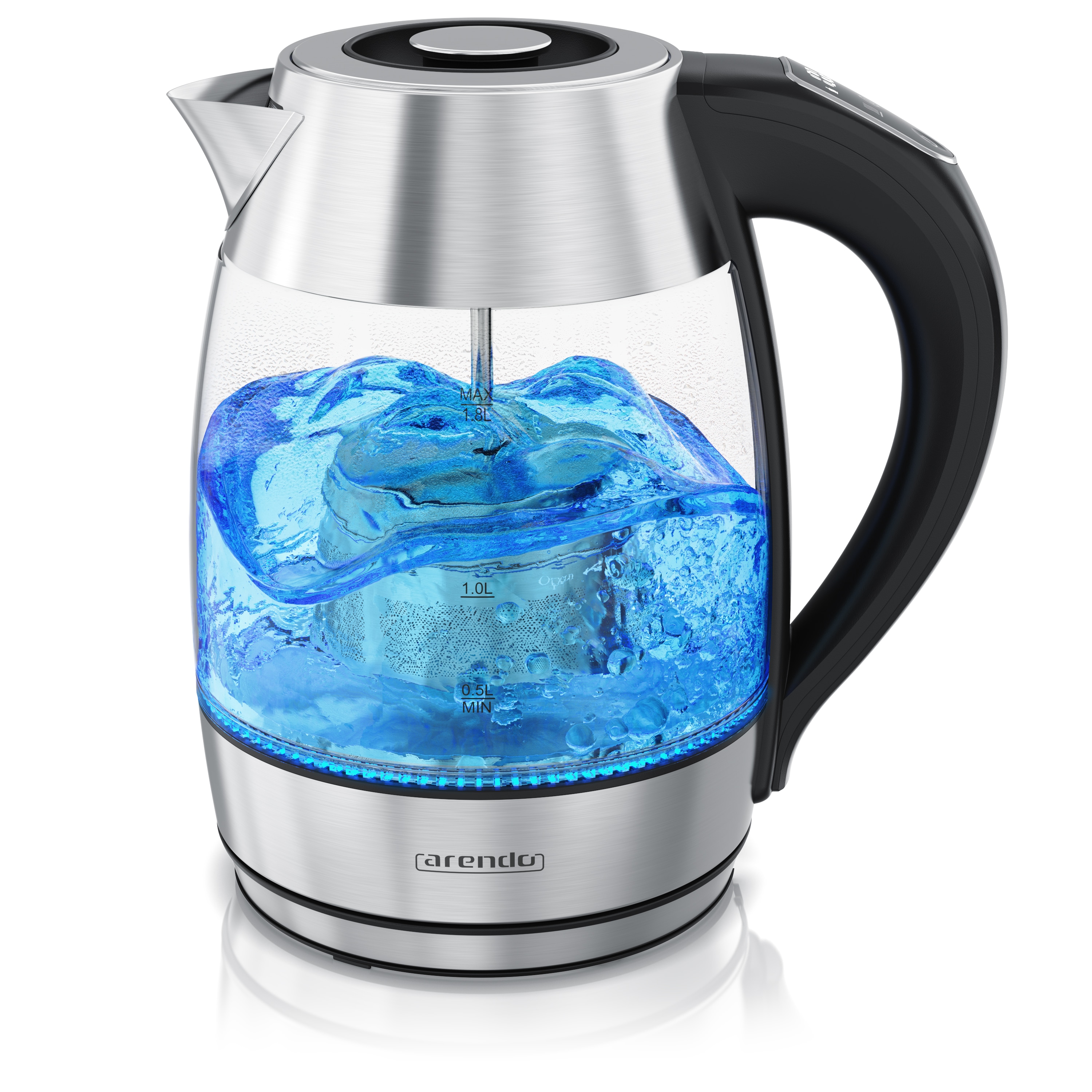 Arendo Glas-Wasserkocher 1,8 l, 2200 W, absenkbares Edelstahl-Teesieb, Temperaturwahl 40 bis 100 &deg;C, LED-Licht und Warmhaltefunktion 