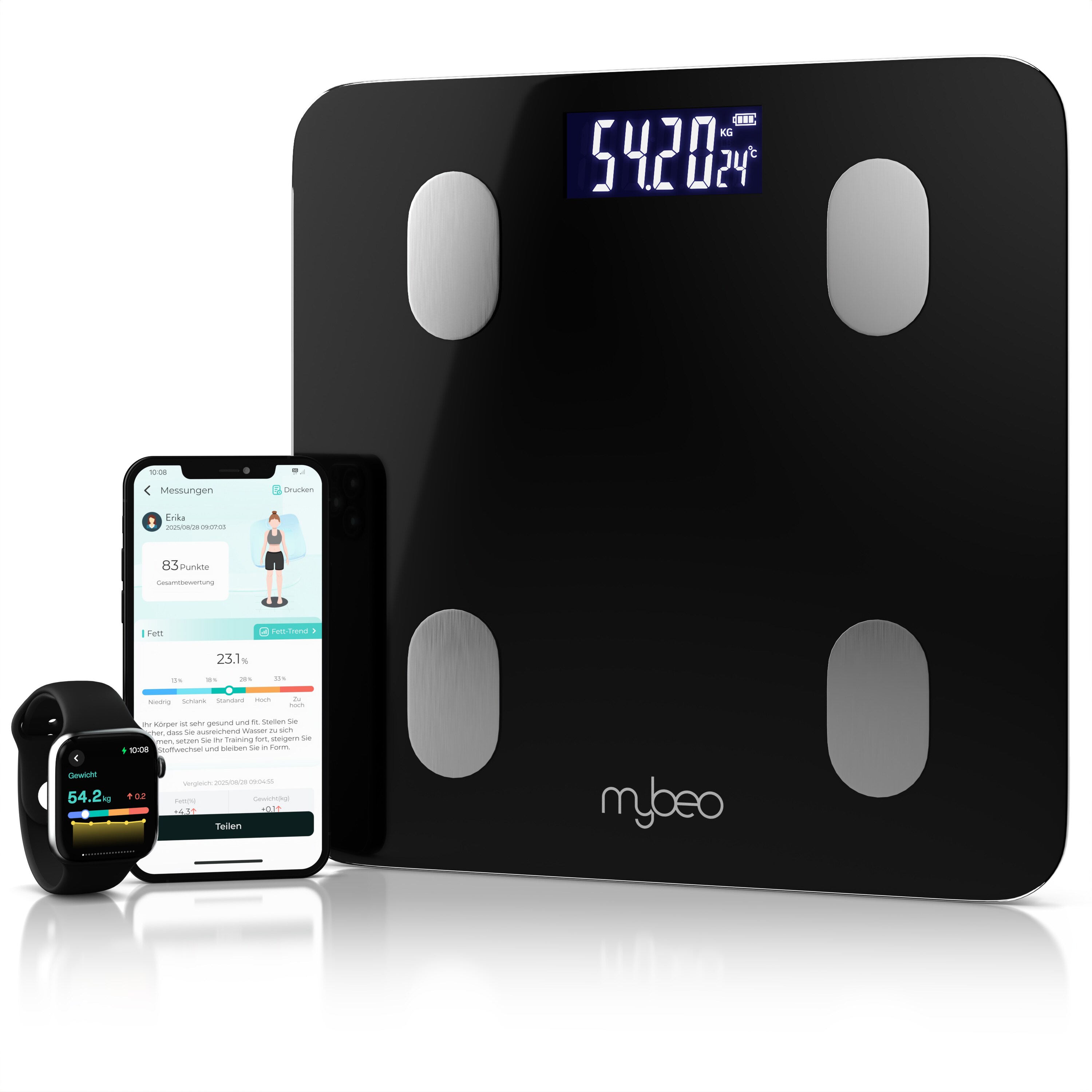 Mybeo K&ouml;rper-Analyse-Waage Bluetooth K&ouml;rperfettwaage, digitale Multifunktionswaage, APP Steuerung, 1-tlg., Diagnosewaage, BMI, K&ouml;rperfett 