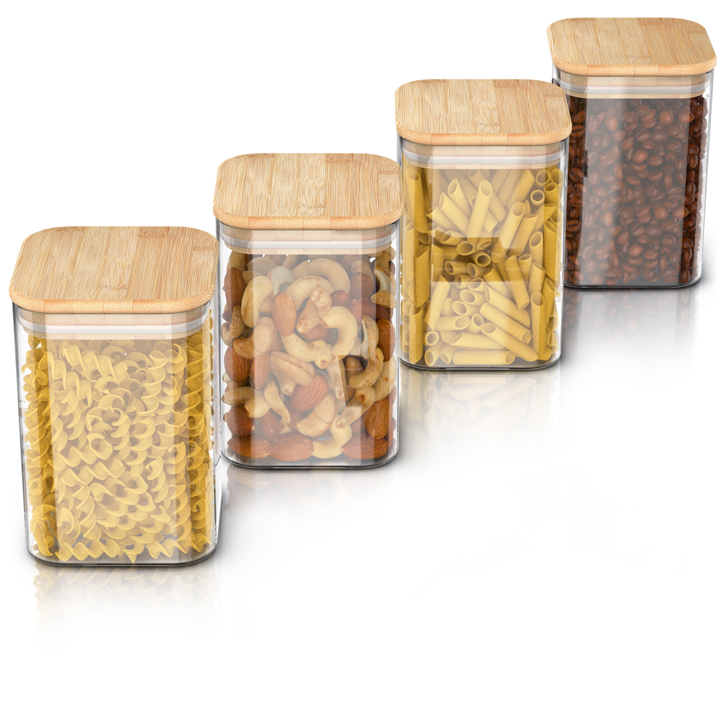 Arendo Vorratsgl&auml;ser 4er-Set, je 1,2 l, quadratisch, Borosilikatglas mit Bambusdeckel und Silikondichtung, luftdicht 