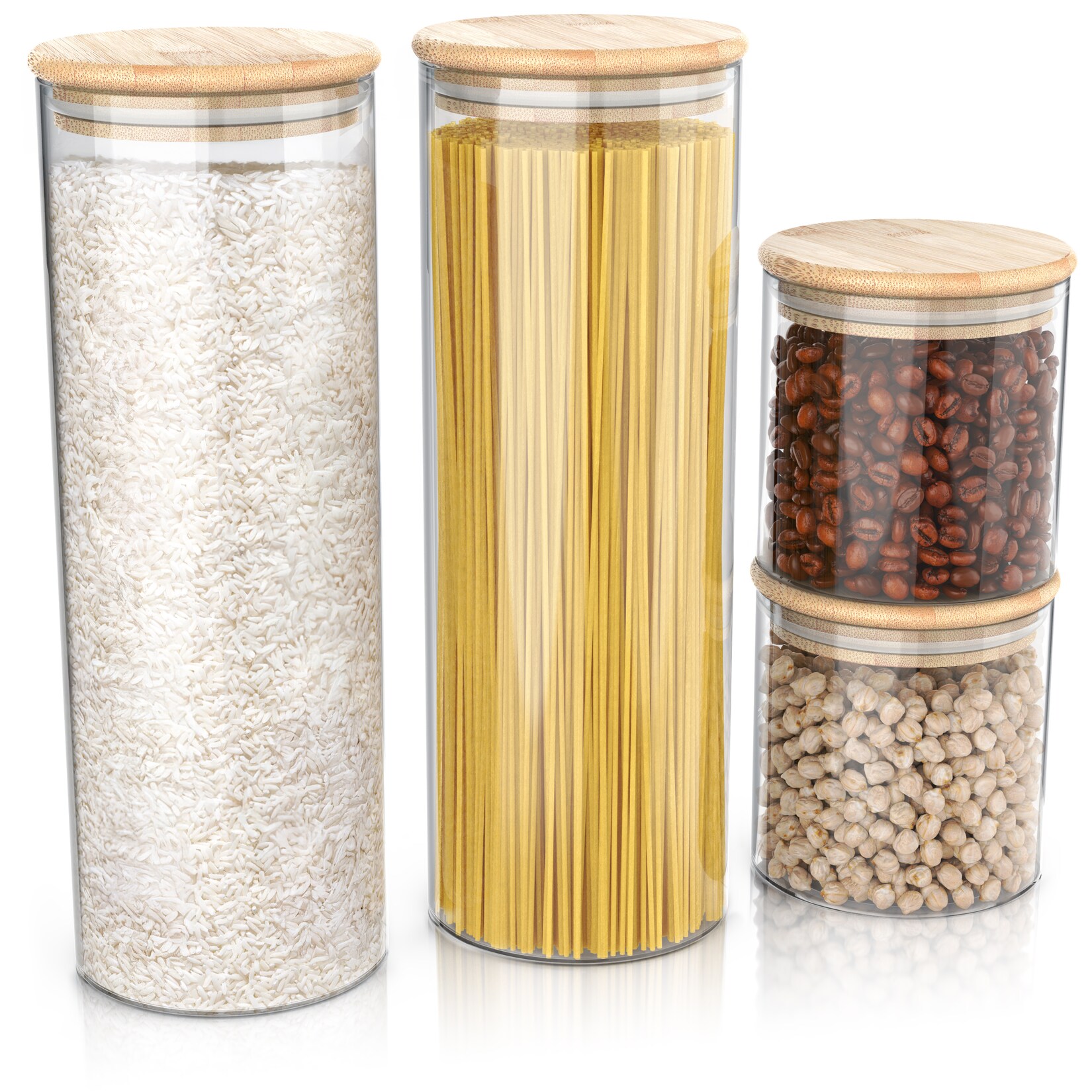 Arendo Vorratsgläser aus Borosilikatglas, rund, 4er-Set mit 2 x 0,785 l und 2 x 2,2 l, Bambusdeckel und luftdichter Silikondichtung