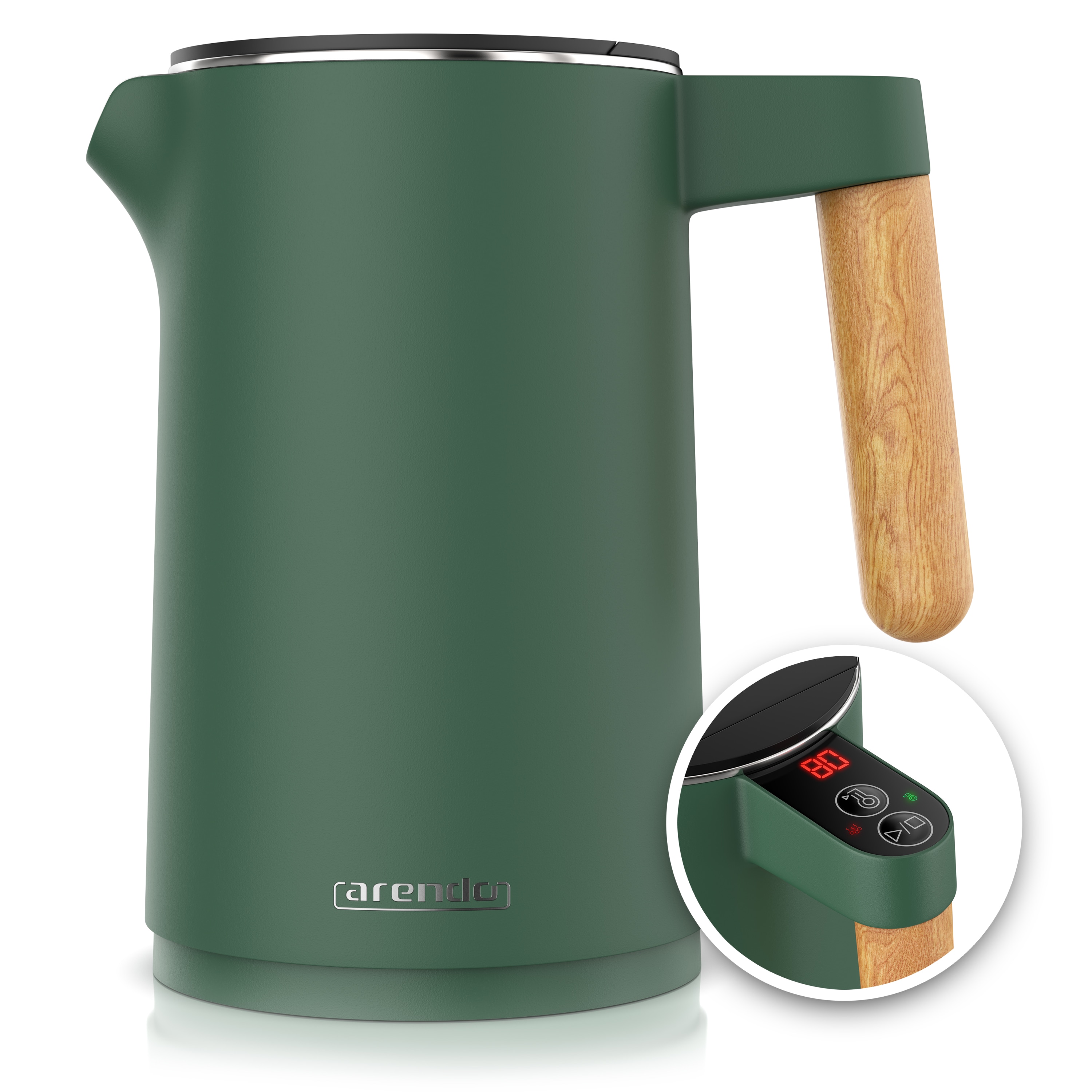 Arendo Edelstahl-Wasserkocher 1,5 l, 2200 W, Doppelwand, Temperaturwahl, Warmhaltefunktion und Griff in Holzoptik, gr&uuml;n 