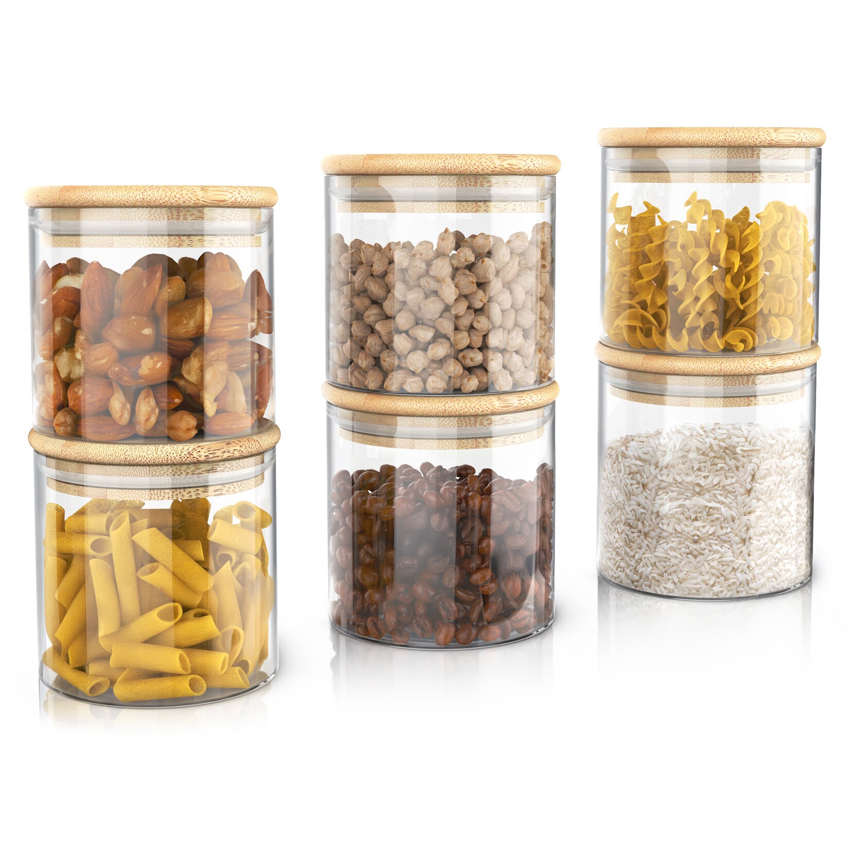 Arendo Vorratsgläser 6er-Set, je 0,75 l, rund, Borosilikatglas mit Bambusdeckel und Silikondichtung, luftdicht