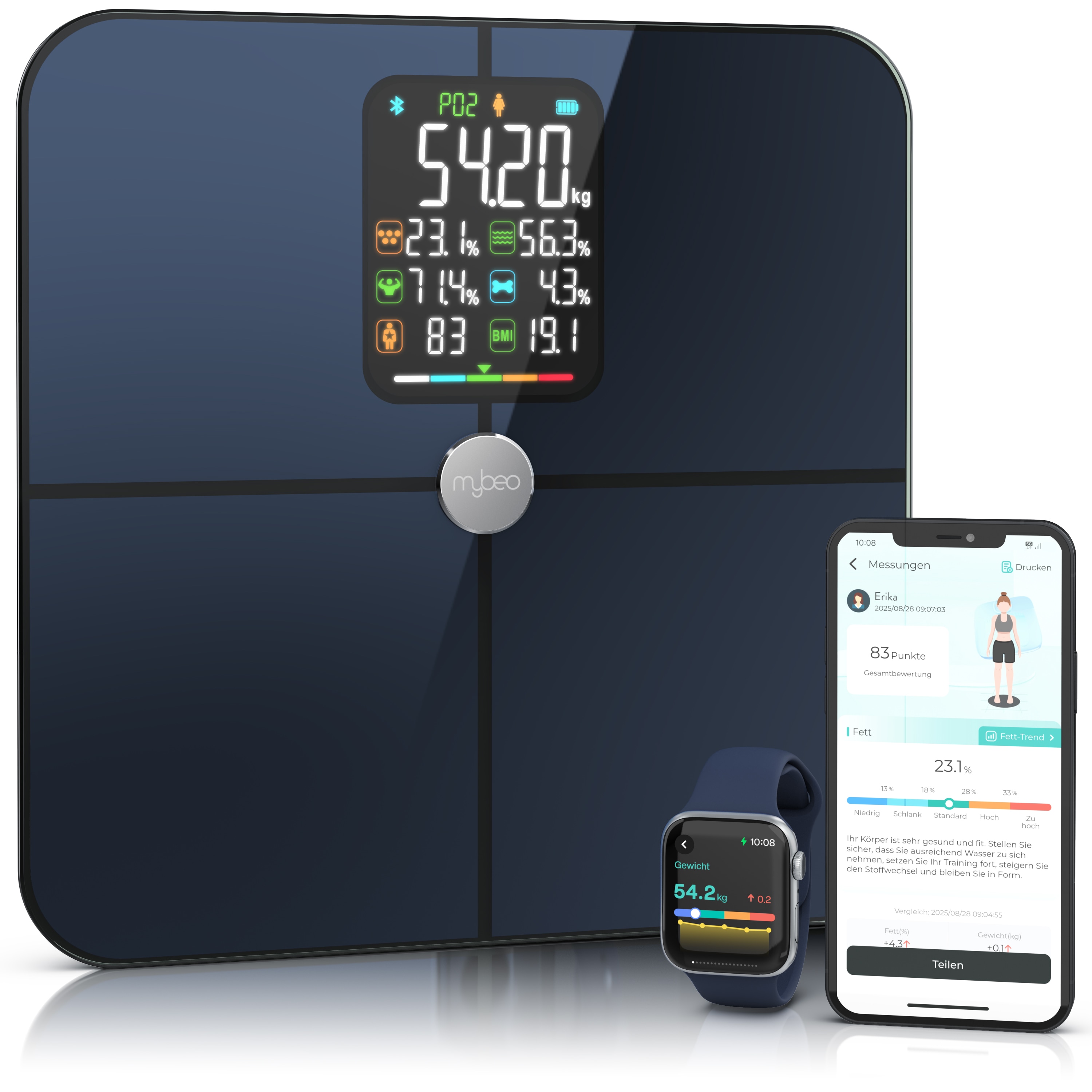 Mybeo Bluetooth-K&ouml;rperfettwaage mit App-Steuerung, LCD-Display, Analyse von BMI, K&ouml;rperfett und Muskelmasse, bis 180 kg, schwarz 