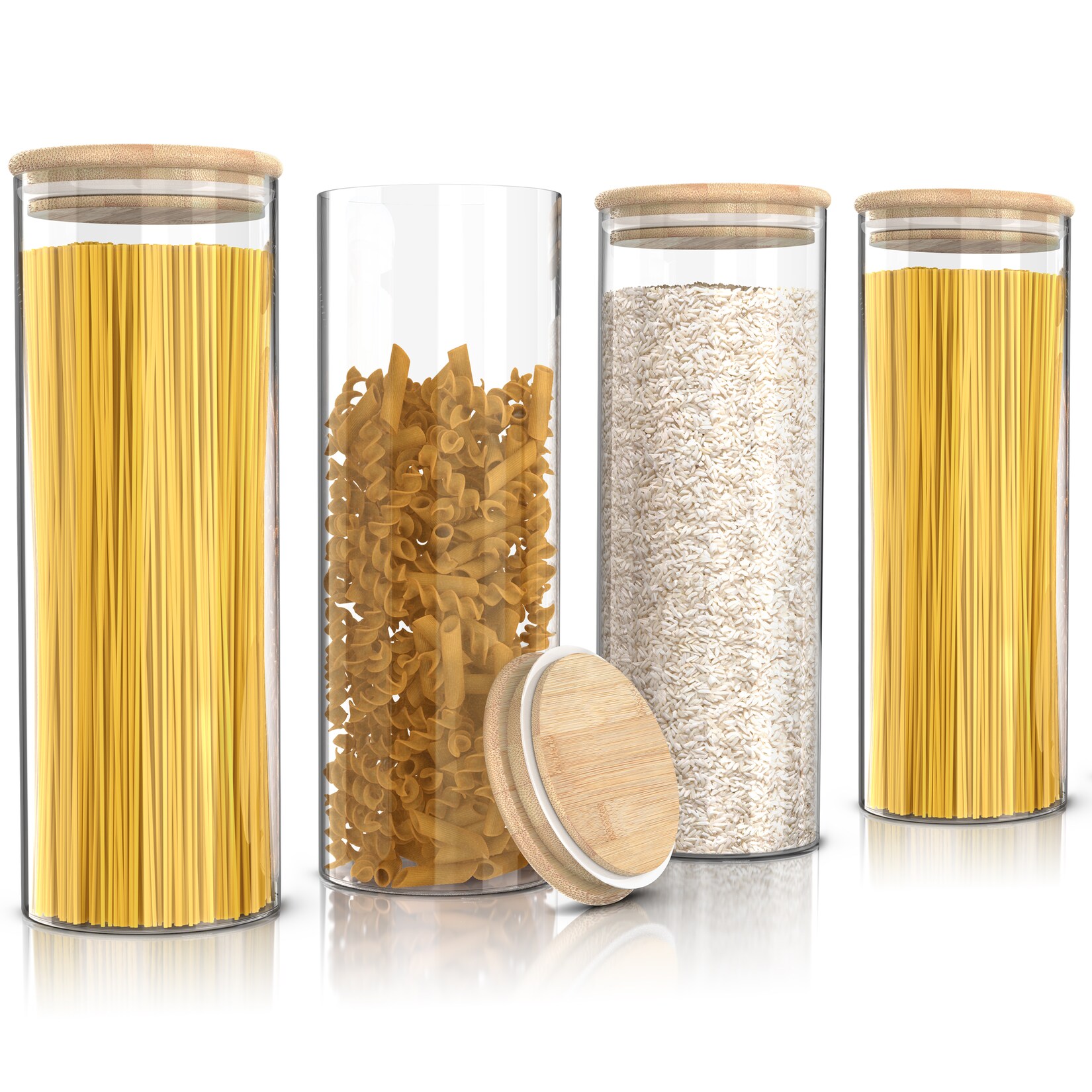 Arendo Vorratsgläser 4er-Set, je 1,5 l, rund, Borosilikatglas mit Bambusdeckel und Silikondichtung, luftdicht