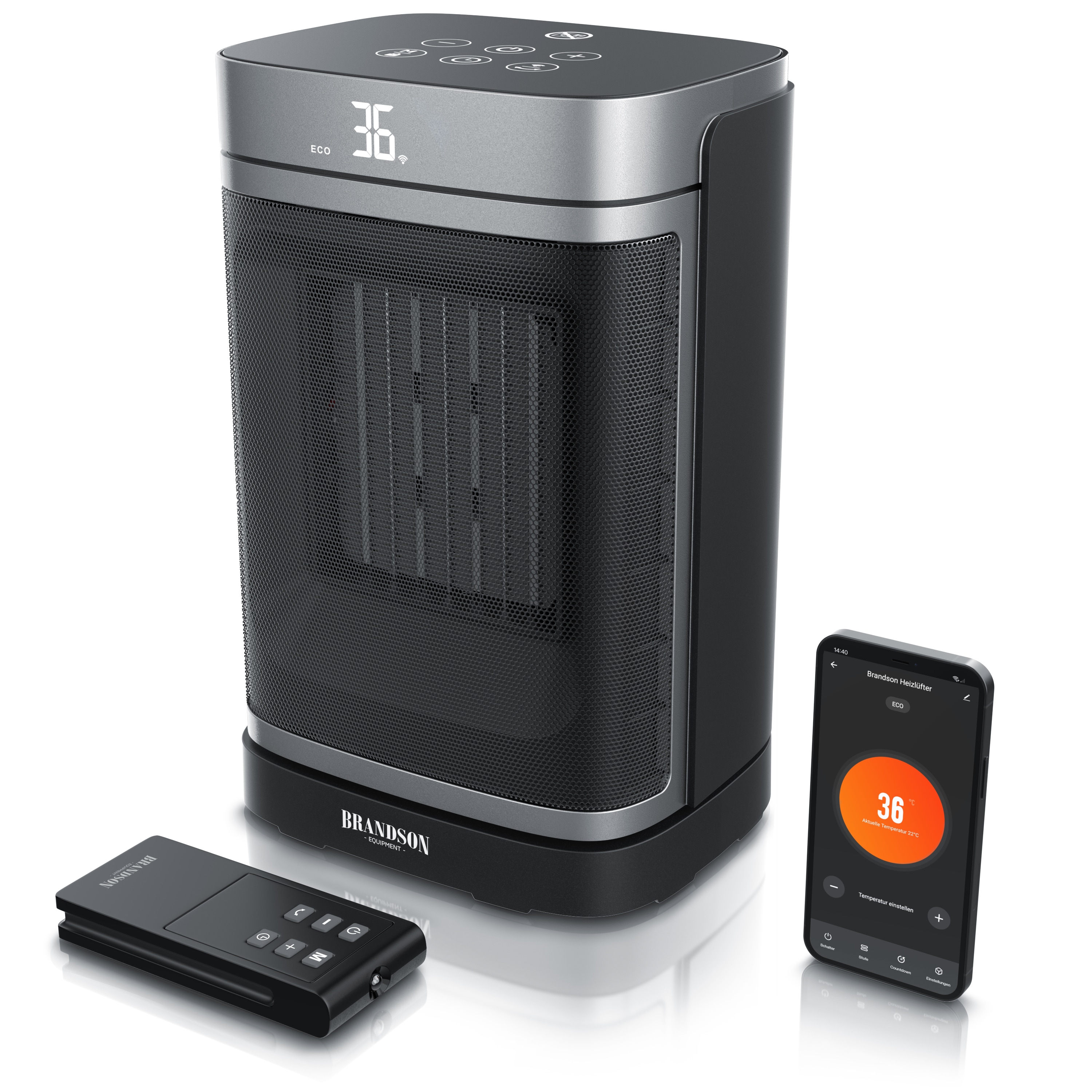 Brandson WLAN-Keramikheizl&uuml;fter 1500 W mit App-Steuerung, Fernbedienung, ECO-Modus, Thermostat, Oszillation, Timer und LED-Display 