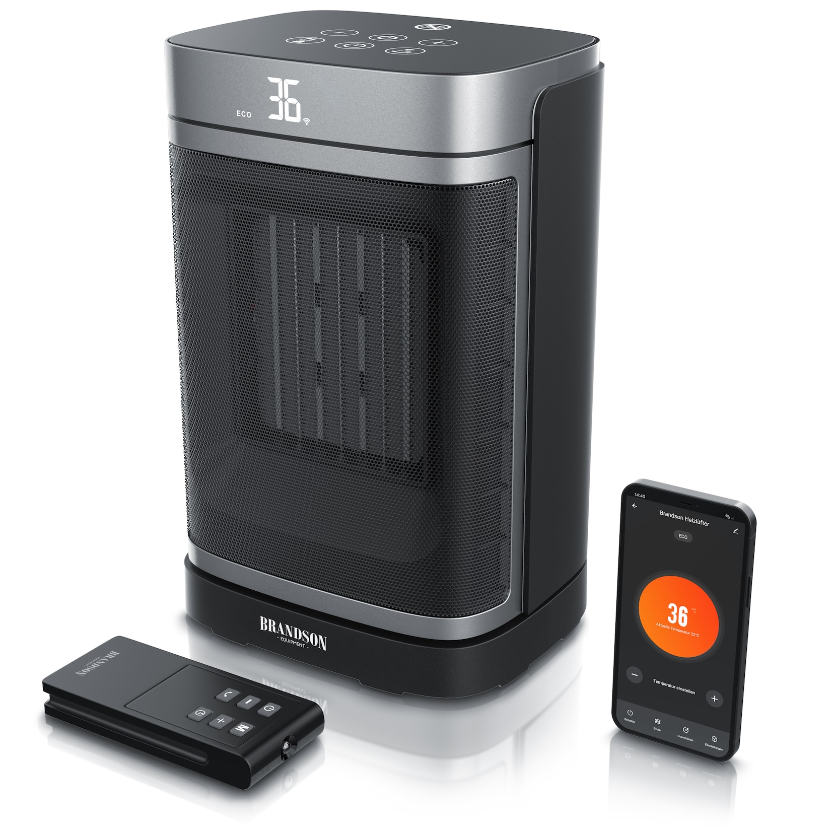 Brandson WLAN-Keramikheizlüfter 1500 W mit App-Steuerung, Fernbedienung, ECO-Modus, Thermostat, Oszillation, Timer und LED-Display