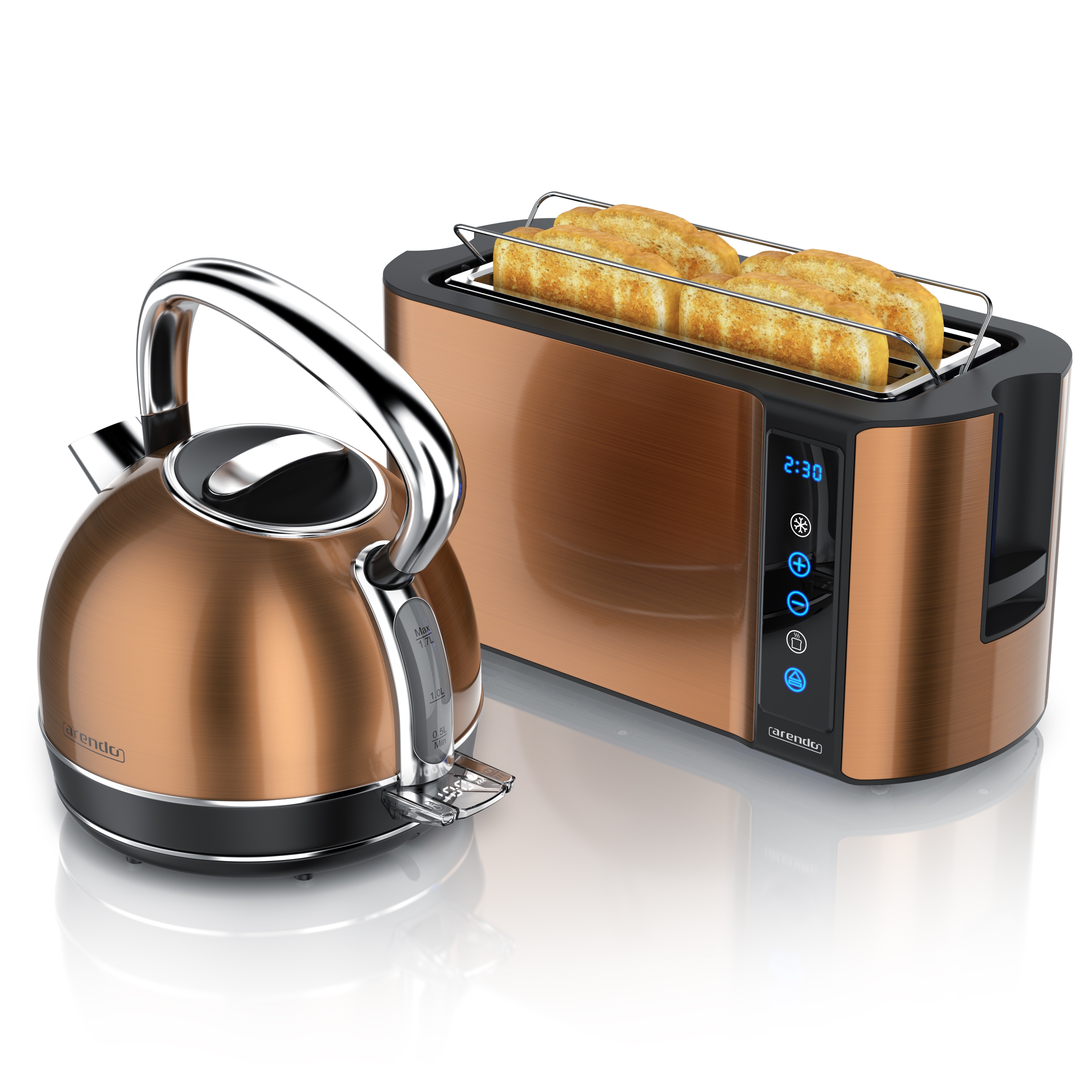 Arendo Fr&uuml;hst&uuml;cks-Set Edelstahl Wasserkocher 1,7l, 4-Scheiben Langschlitz Toaster, kupfer (2-tlg), Wasserkocher Temperatureinstellung 