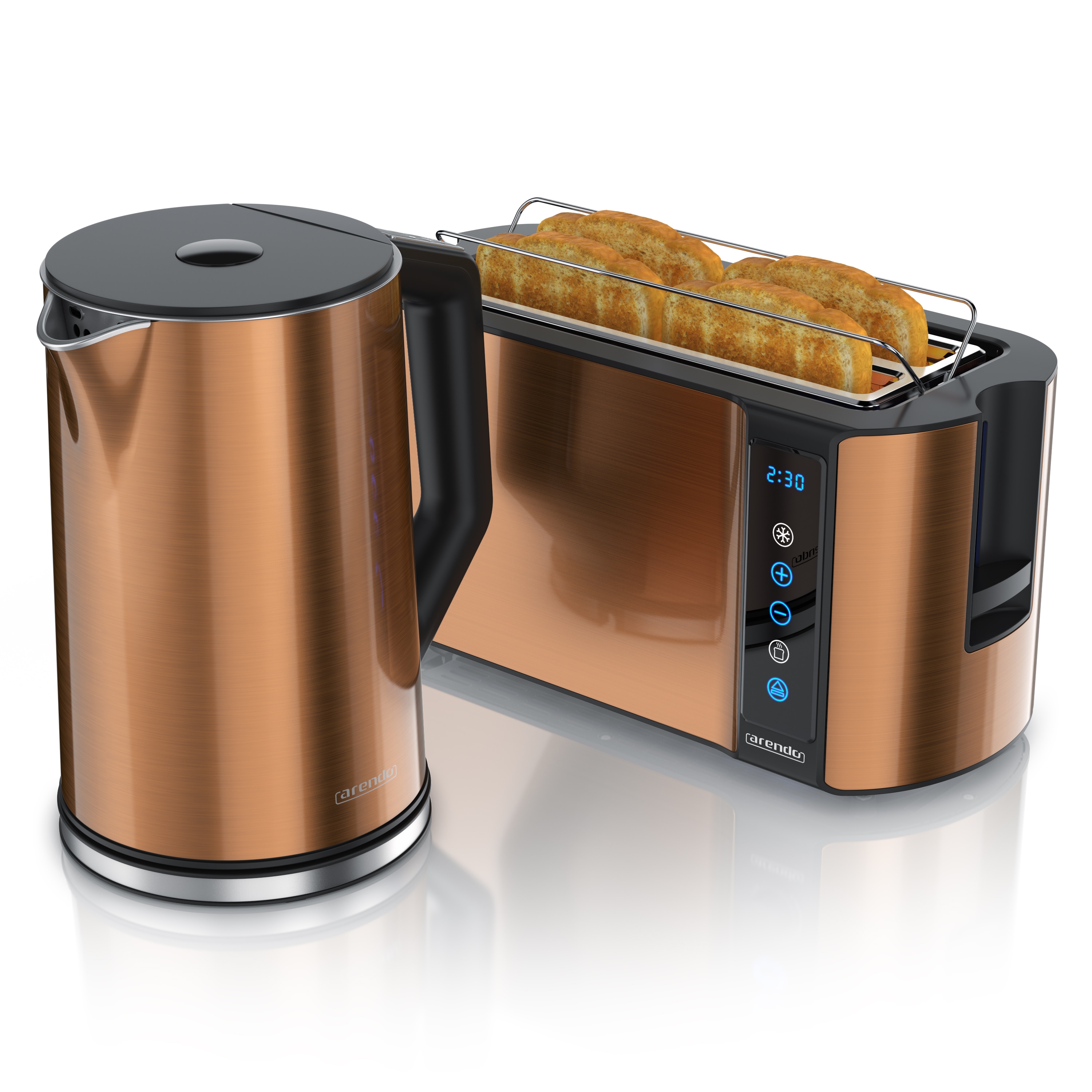 Arendo Fr&uuml;hst&uuml;cks-Set Edelstahl Wasserkocher 1,5l, 4-Scheiben Langschlitz Toaster, kupfer (2-tlg), Wasserkocher mit Temperatureinstellung 
