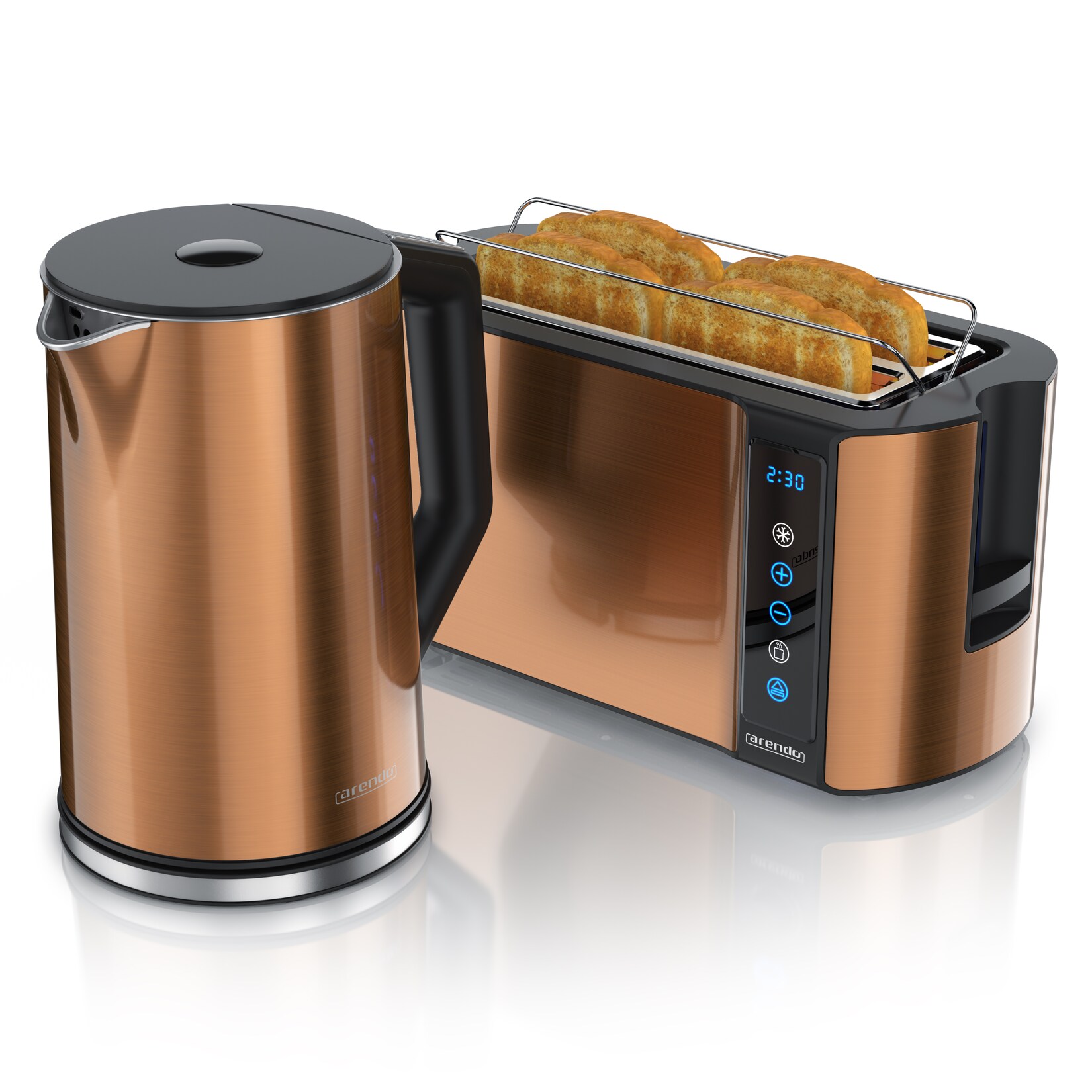 Arendo Frühstücks-Set Edelstahl Wasserkocher 1,5l, 4-Scheiben Langschlitz Toaster, kupfer (2-tlg), Wasserkocher mit Temperatureinstellung