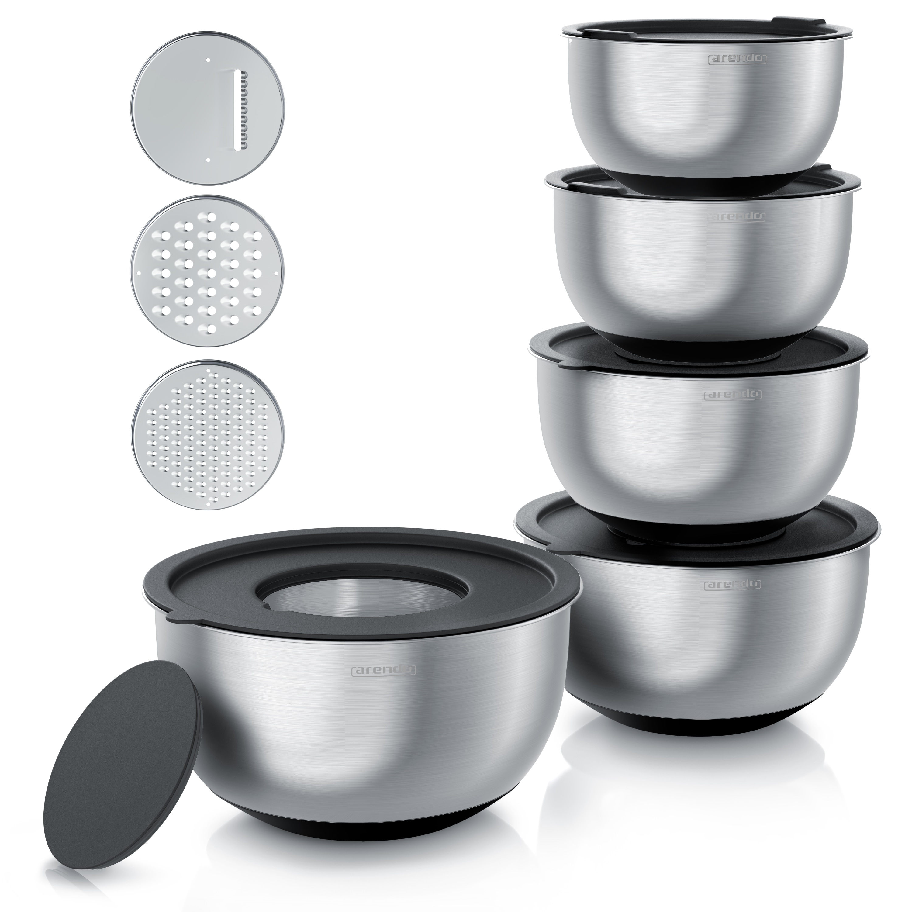 Arendo Salatsch&uuml;ssel 5er Set mit Deckel, Edelstahl Salatsch&uuml;sseln 1,6 bis 5 L, R&uuml;hrsch&uuml;ssel, Edelstahl, (Set, 5-tlg), Edelstahlsch&uuml;ssel 