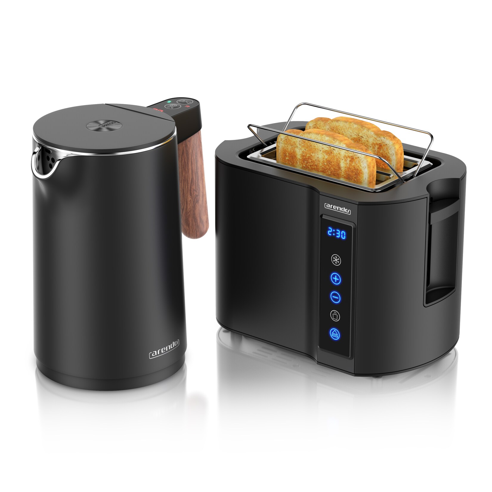 Arendo Frühstücks-Set mit Wasserkocher 1,5 l und 2-Scheiben-Toaster, Temperaturwahl, Brötchenaufsatz und Restzeitanzeige, schwarz