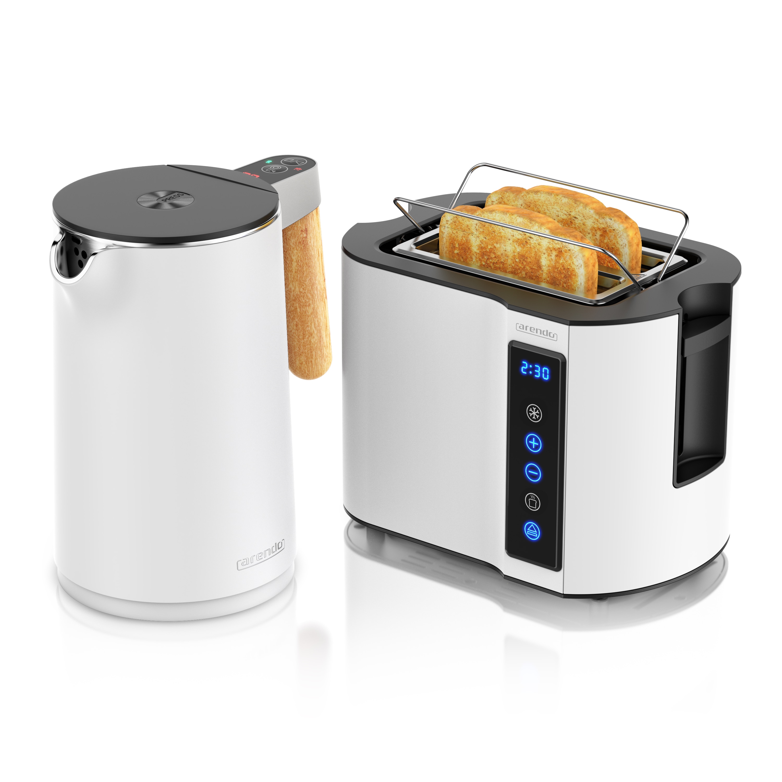 Arendo Fr&uuml;hst&uuml;cks-Set mit Wasserkocher 1,5 l und 2-Scheiben-Toaster, Temperaturwahl, Br&ouml;tchenaufsatz und Restzeitanzeige, wei&szlig; 