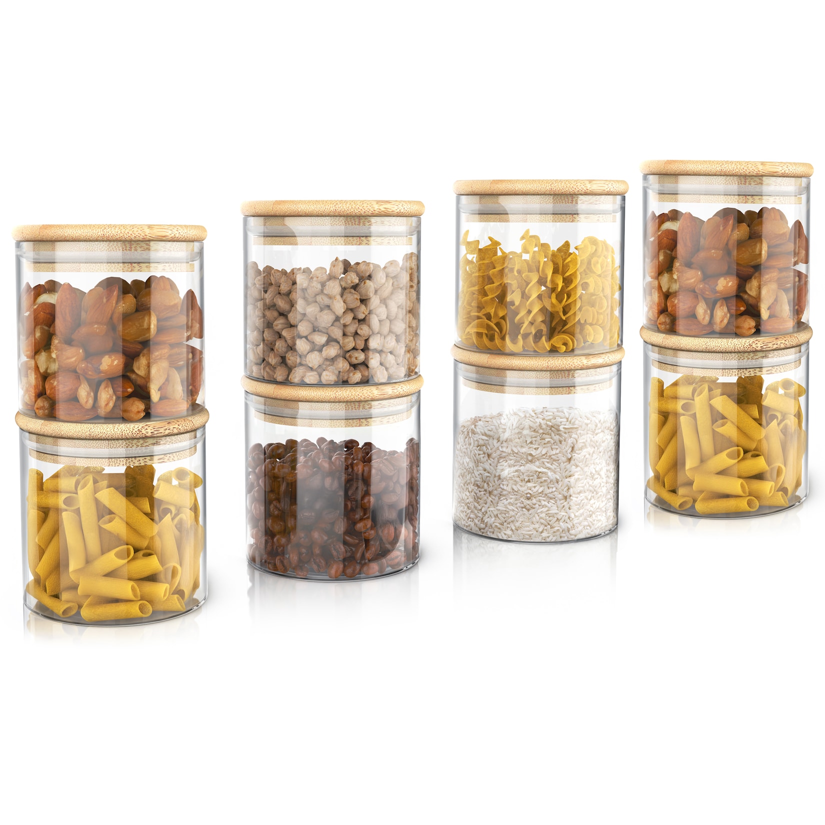 Arendo Vorratsgläser 8er-Set, je 0,75 l, rund, Borosilikatglas mit Bambusdeckel und Silikondichtung, luftdicht