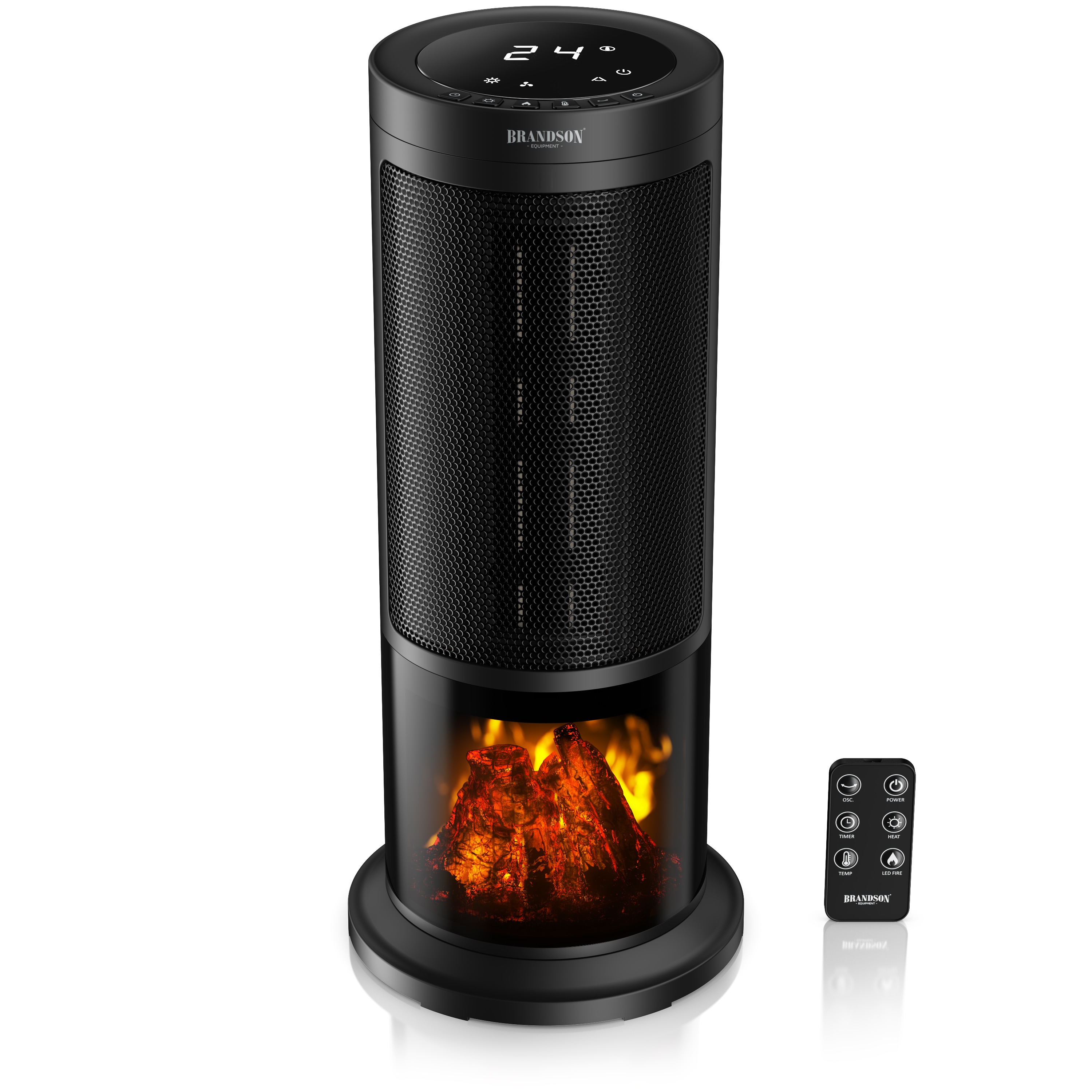 Brandson Keramikheizl&uuml;fter mit Kaminfeuer-Effekt, 1800 W, 2 Heizstufen, Thermostat, Oszillation, Timer und Fernbedienung, schwarz 