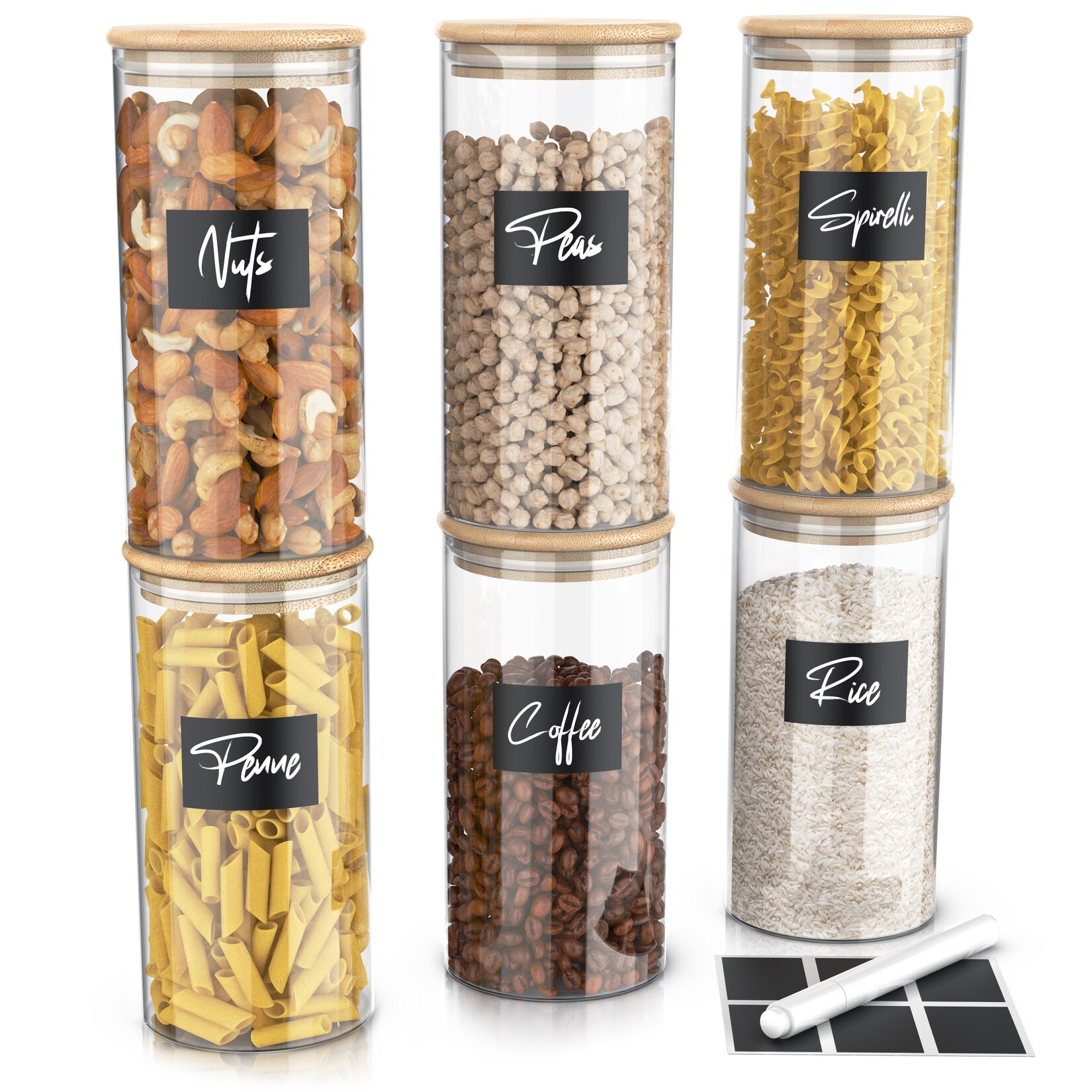 Arendo Aufbewahrungsbecher Glasbehälter-Set 6x 1,5L Borosilikat, Bambusdeckel, Aufkleber & Marker, Borosilikatglas; Bambus; Silikon