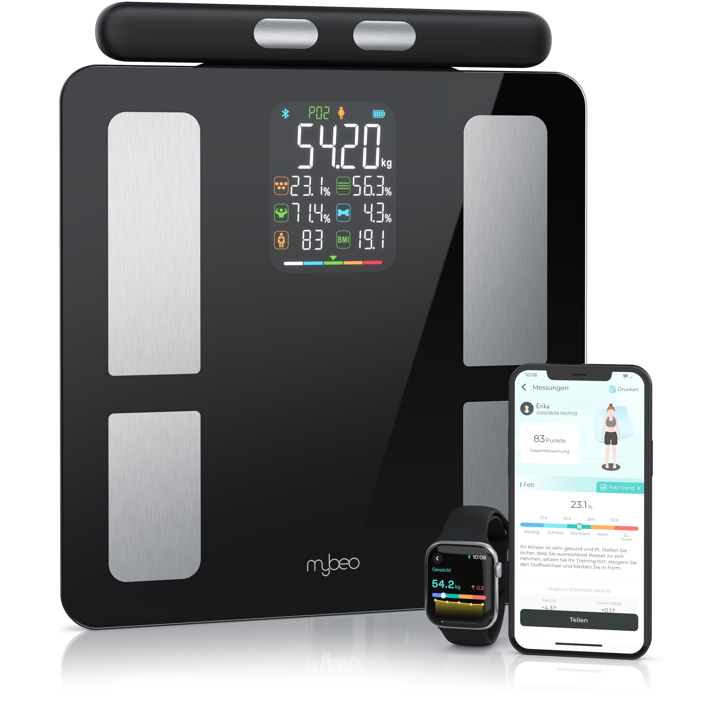 Mybeo K&ouml;rper-Analyse-Waage Digitale Bluetooth K&ouml;rperfettwaage, Handgriff-Messung & App-Steuerung, 1-tlg., Diagnosewaage, BMI, K&ouml;rperfett 