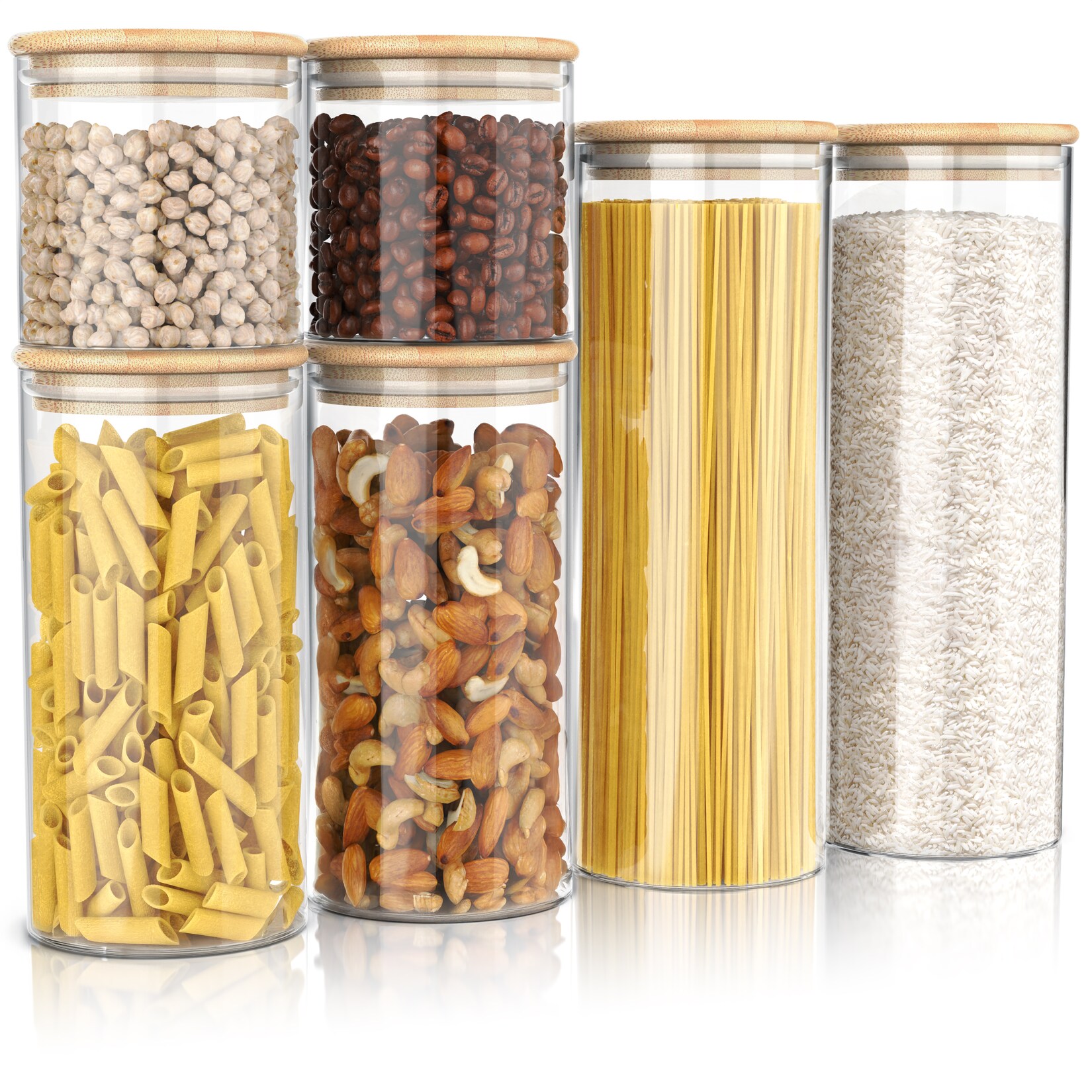 Arendo Vorratsgläser aus Borosilikatglas, rund, 6er-Set mit je 2 x 0,785/1,57/2,2 l, Bambusdeckel und luftdichter Silikondichtung